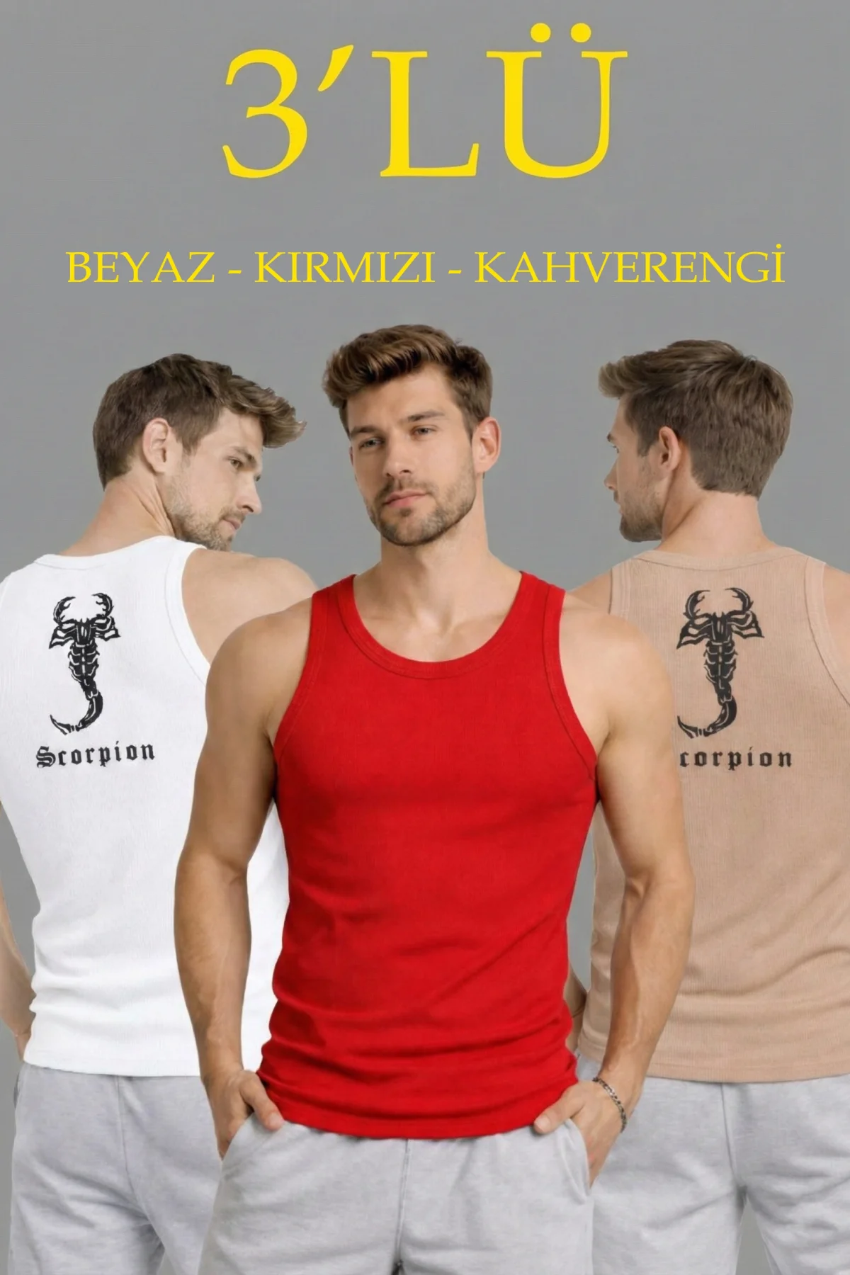 Erkek Spor Fitilli Atlet 3lü Set Beyaz Kırmızı Kahverengi Slim Fit Kaşkorse Arka Baskılı