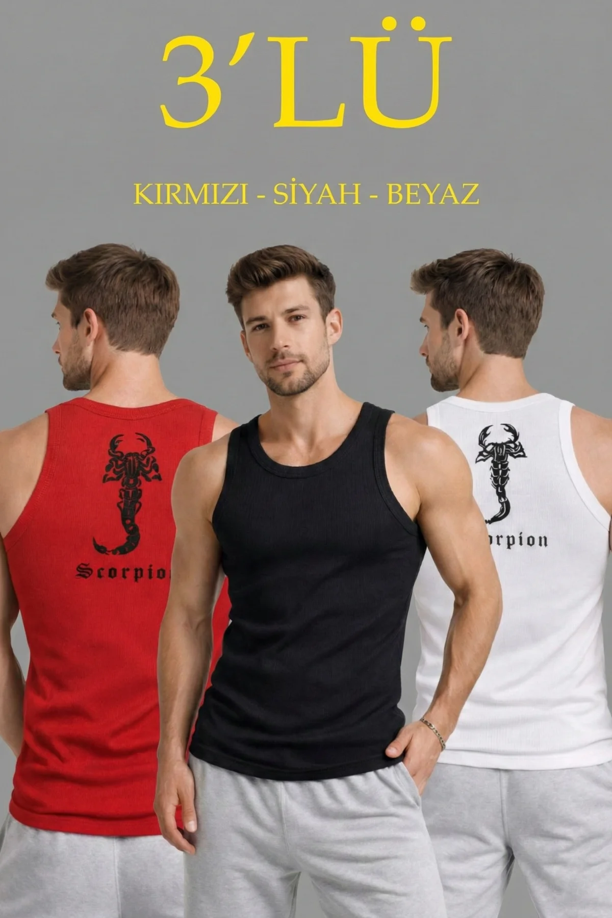 Erkek Spor Fitilli Atlet 3lü Set Kırmızı, Siyah ve Beyaz Slim Fit Kaşkorse Arka Baskılı Spor Atlet