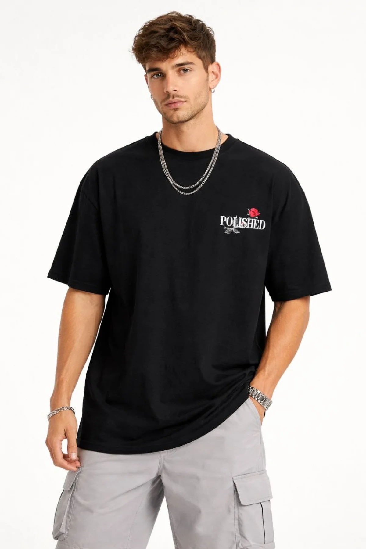 Erkek Bisiklet Yaka Baskılı  Kısa Kollu Tişört Streetwear Günlük Basic Pamuklu T-shirt - Siyah