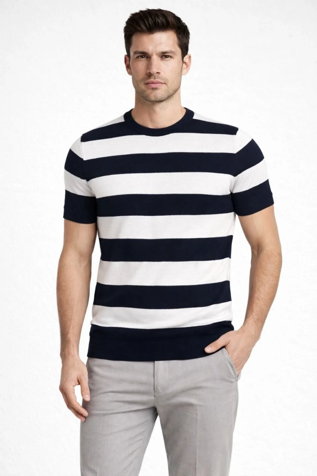 Erkek T-shirt Çizgili Triko Dokuma Bisiklet Yaka Tişört  - Siyah