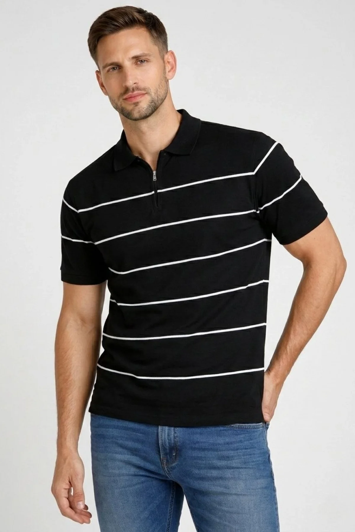 Erkek T-shirt Çizgili Triko Dokuma Kumaş Polo Yaka Yarım Fermuarlı Regular Kalıp Tişört - Siyah