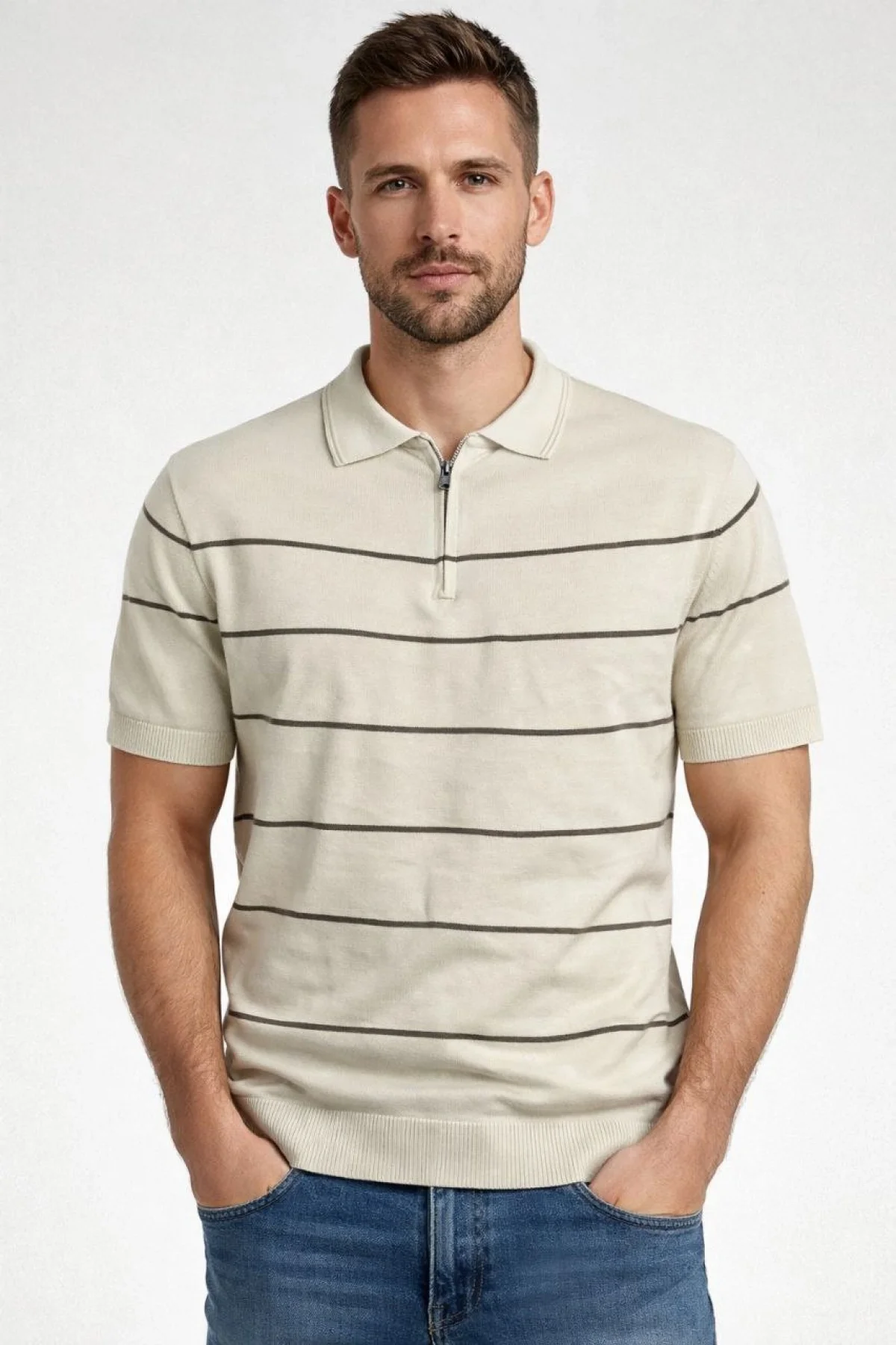 Erkek T-shirt Çizgili Triko Dokuma Kumaş Polo Yaka Yarım Fermuarlı Regular Kalıp Tişört - Bej