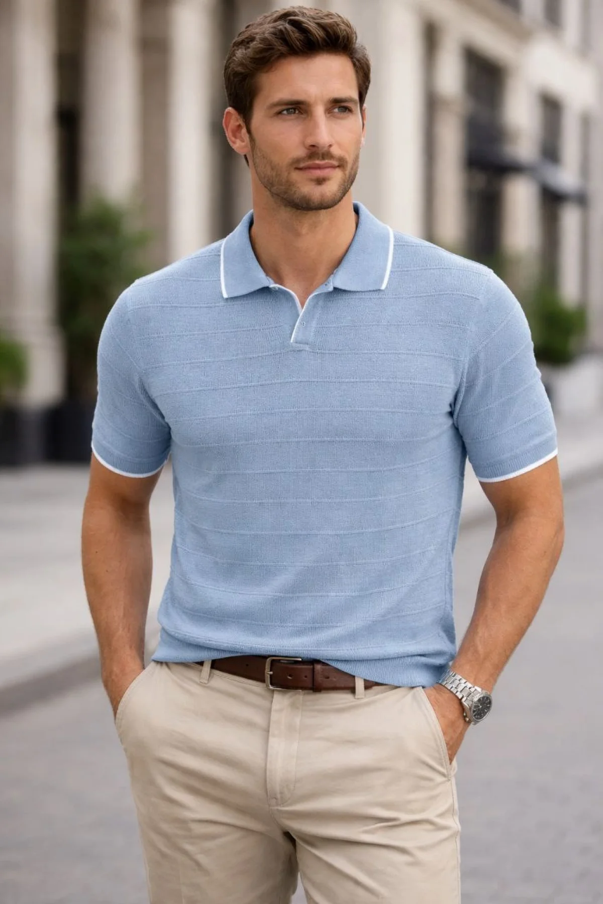 Erkek Triko Kumaş Yakalı Düğmesiz Açık Yaka Fitilli Kısa Kollu Regular Fit Tişört T-shirt - Bebek Mavisi