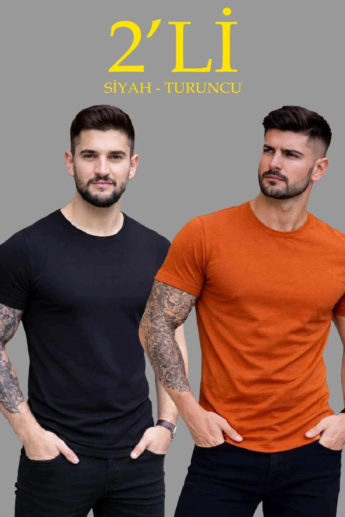 Erkek 2li Bisiklet Yaka Tişört – Kısa Kollu Yazlık Slim Fit Body - Siyah & Turuncu