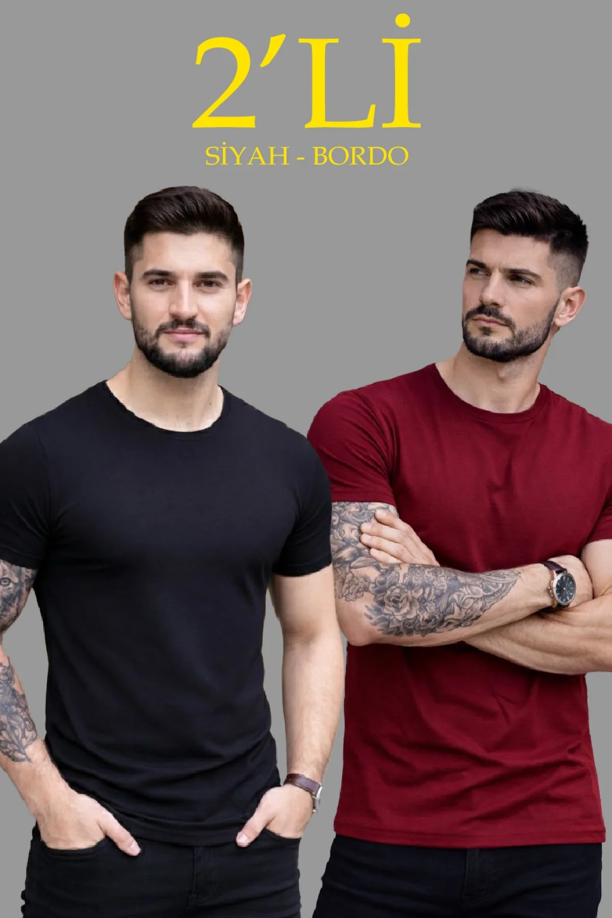 Erkek 2li Bisiklet Yaka Tişört – Kısa Kollu Yazlık Slim Fit Body - Siyah & Bordo