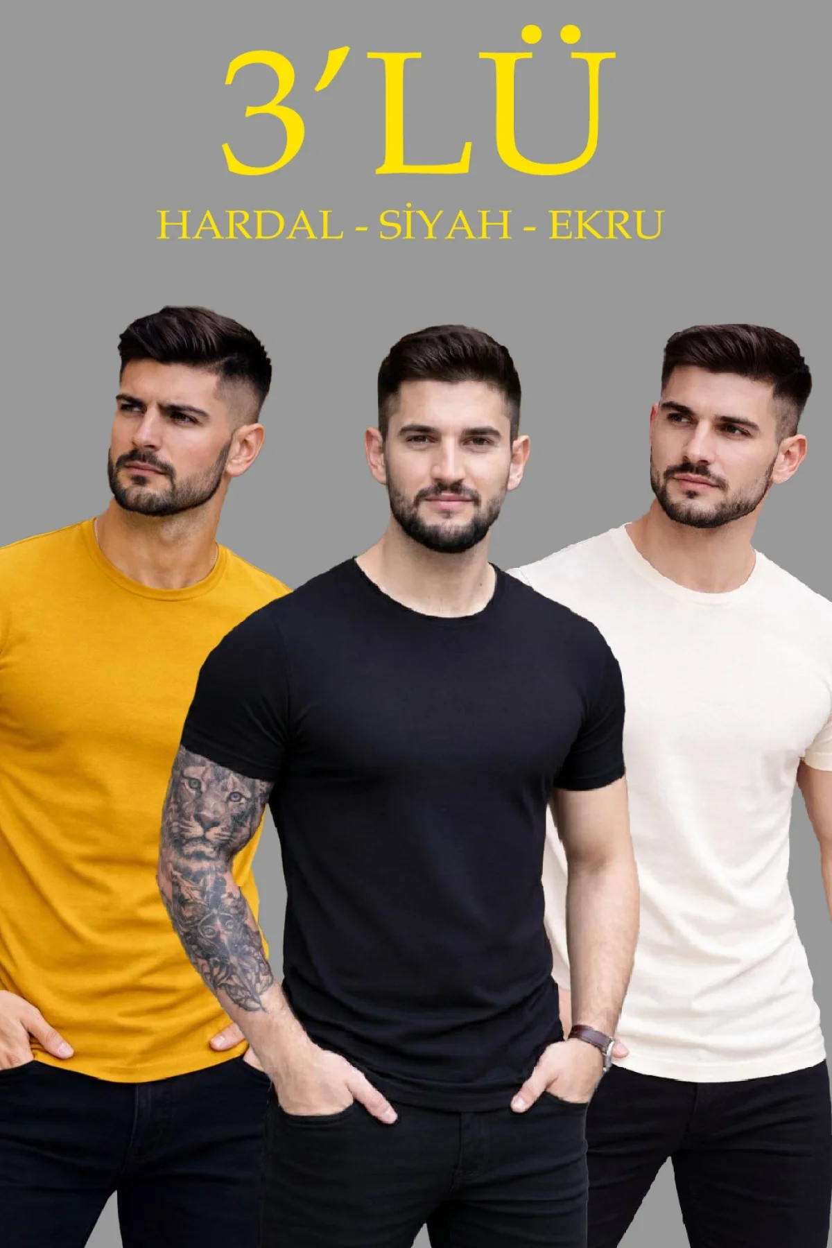 Erkek 3lü Bisiklet Yaka Tişört – Kısa Kollu Yazlık Slim Fit Body - Siyah, Ekru, Hardal