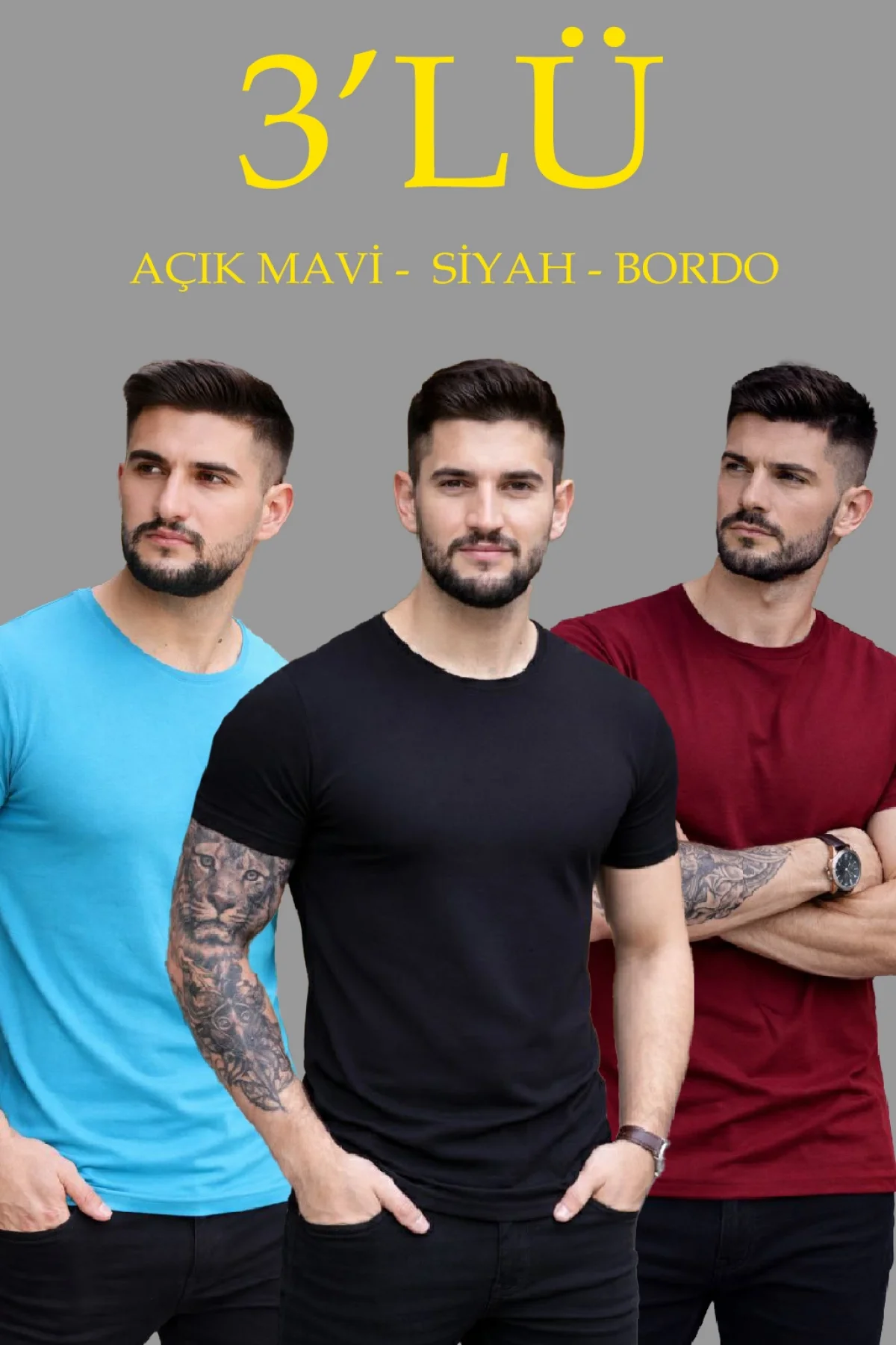 Erkek 3lü Bisiklet Yaka Tişört – Kısa Kollu Yazlık Slim Fit Body - Siyah, Açık Mavi, Bordo