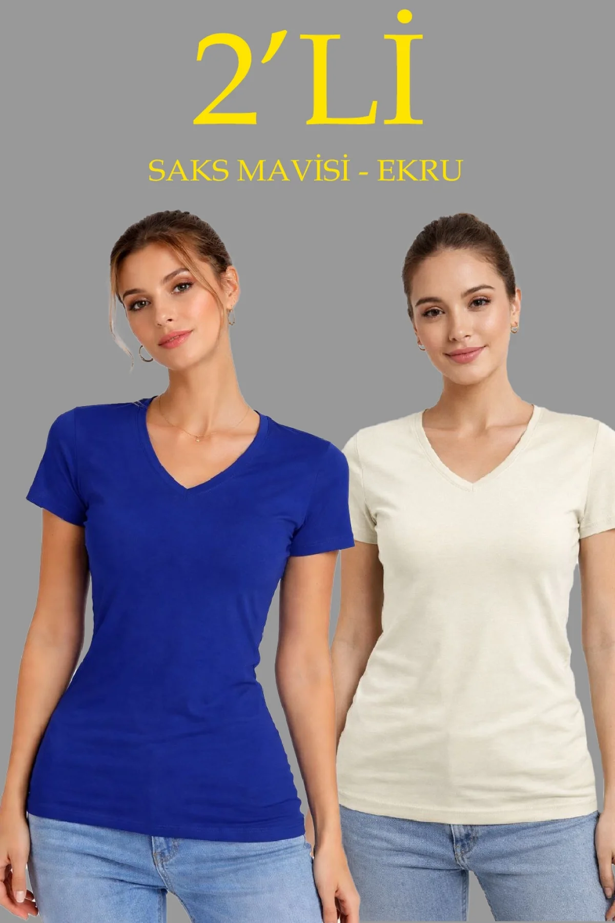 Kadın 2li V Yaka Tişört – Kısa Kollu Yazlık Slim Fit Body - Saks Mavisi & Ekru