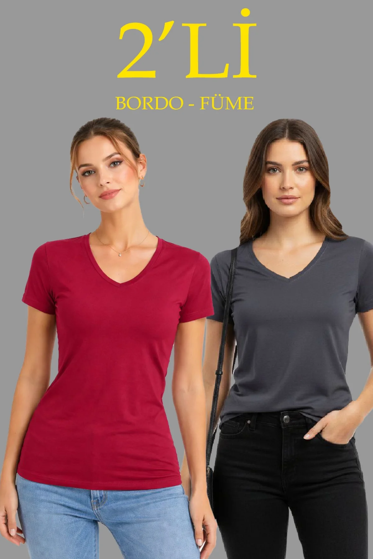 Kadın 2li V Yaka Tişört – Kısa Kollu Yazlık Slim Fit Body - Bordo & Füme