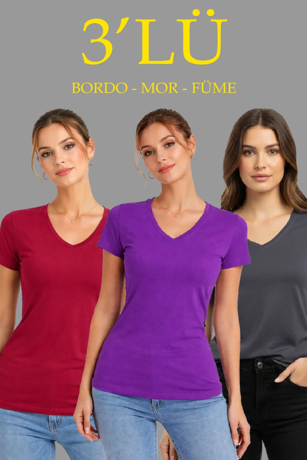 Kadın 3lü V Yaka Tişört – Kısa Kollu Yazlık Slim Fit Body - Bordo, Mor, Füme