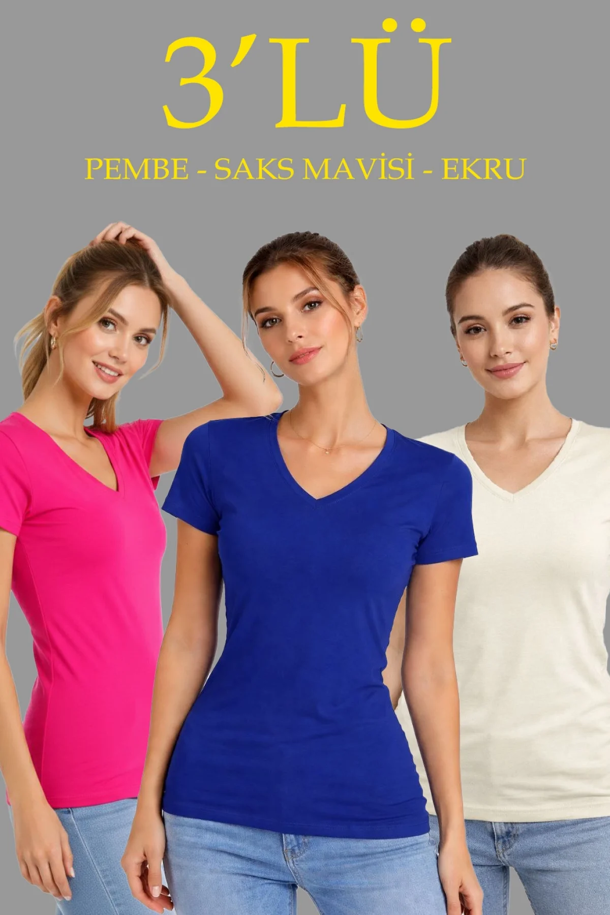 Kadın 3lü V Yaka Tişört – Kısa Kollu Yazlık Slim Fit Body - Pembe, Saks Mavi, Ekru