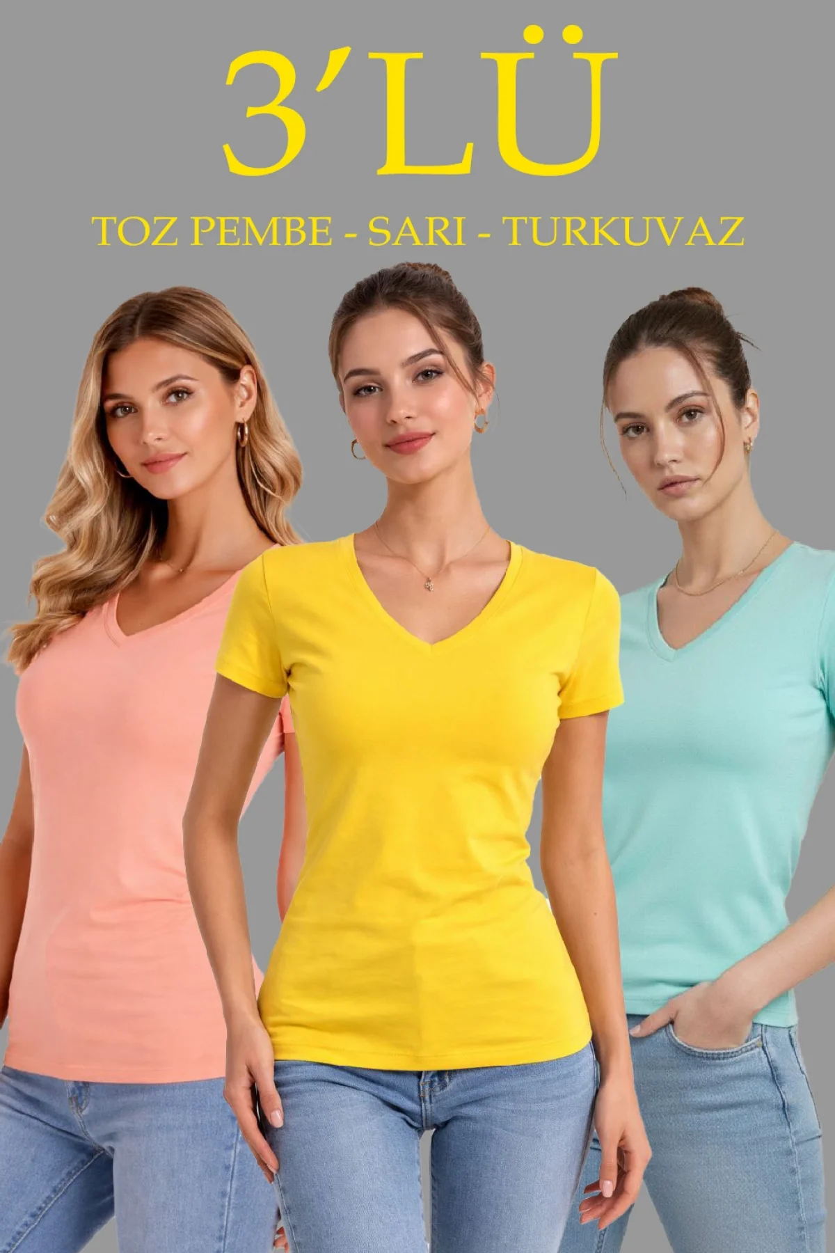 Kadın 3lü V Yaka Tişört – Kısa Kollu Yazlık Slim Fit Body - Toz Pembe, Sarı, Turkuvaz
