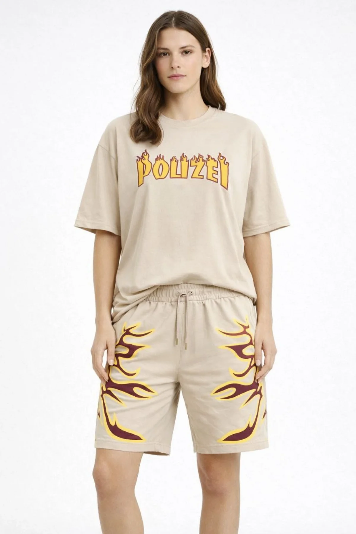 Kadın Bej Oversize Baskılı Tişört Şort Takım Cepli Şort Yazlık Rahat Günlük Kombin - Bej