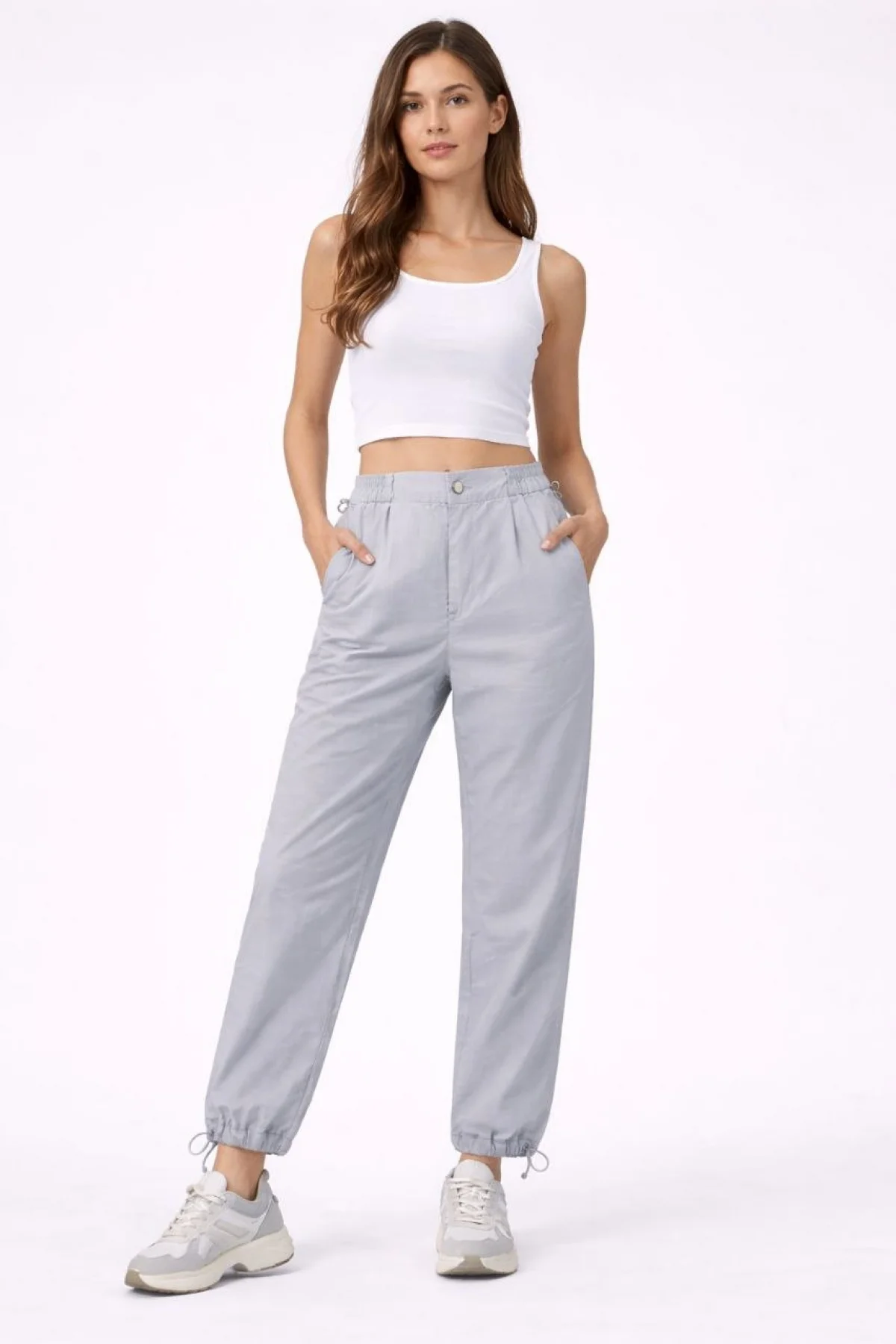 Kadın Paraşüt Kumaş Pantolon Bel ve Paça Ayarlanabilir Lastikli Spor Pantolon - Gri