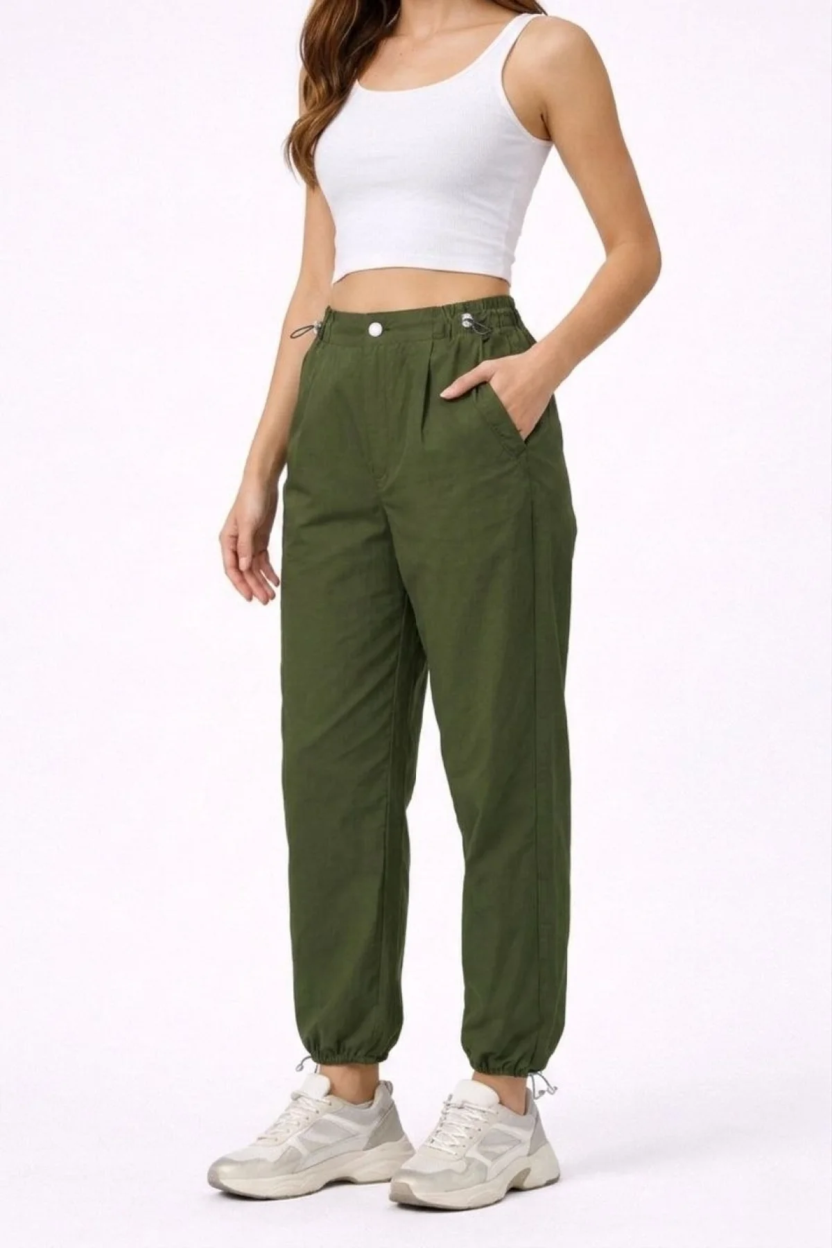 Kadın Paraşüt Kumaş Pantolon Bel ve Paça Ayarlanabilir Lastikli Spor Pantolon - Haki