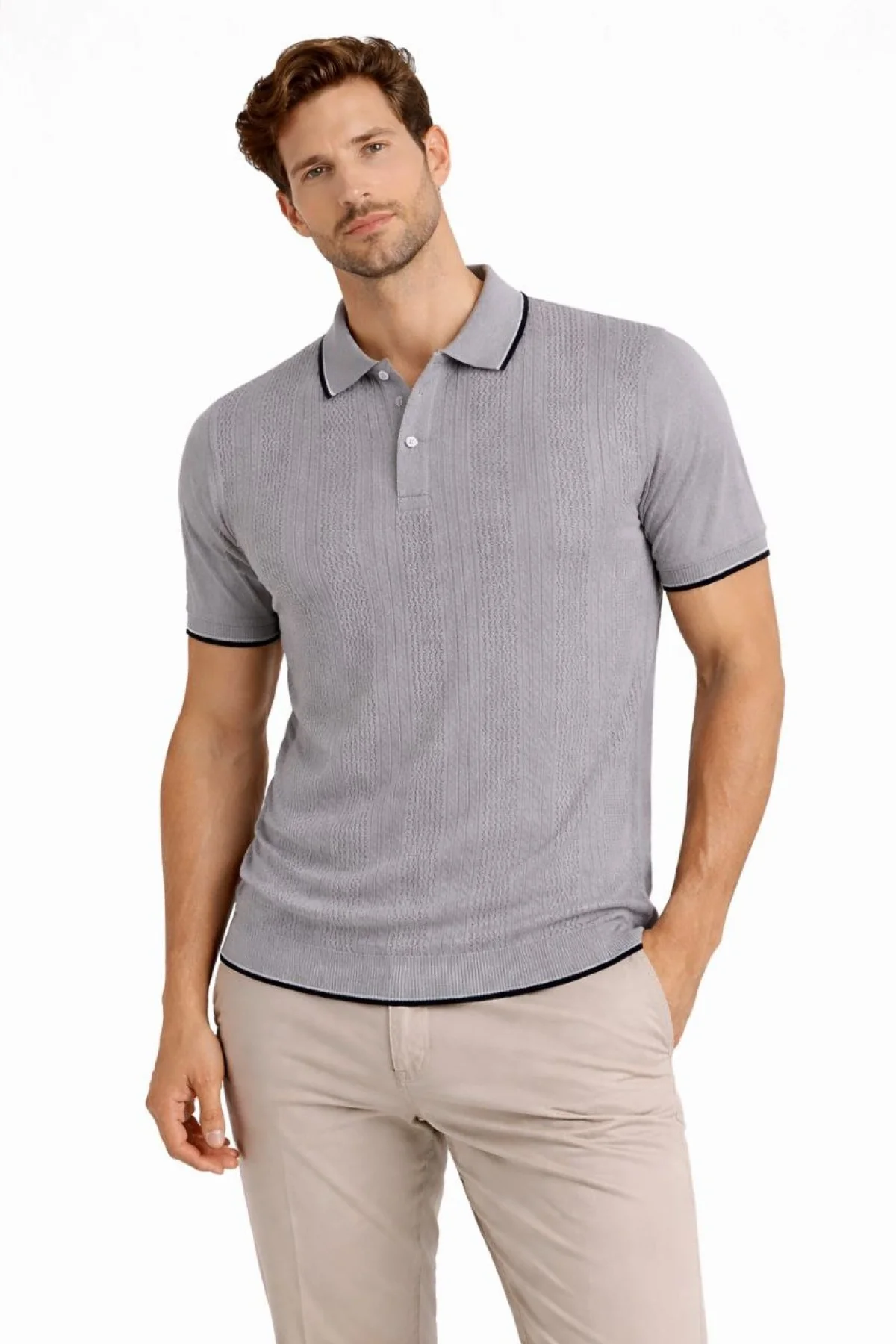 Erkek Düğmeli Yaka Triko Dokuma Tişört Desenli Yazlık Şık Günlük Triko Tişört - Gri