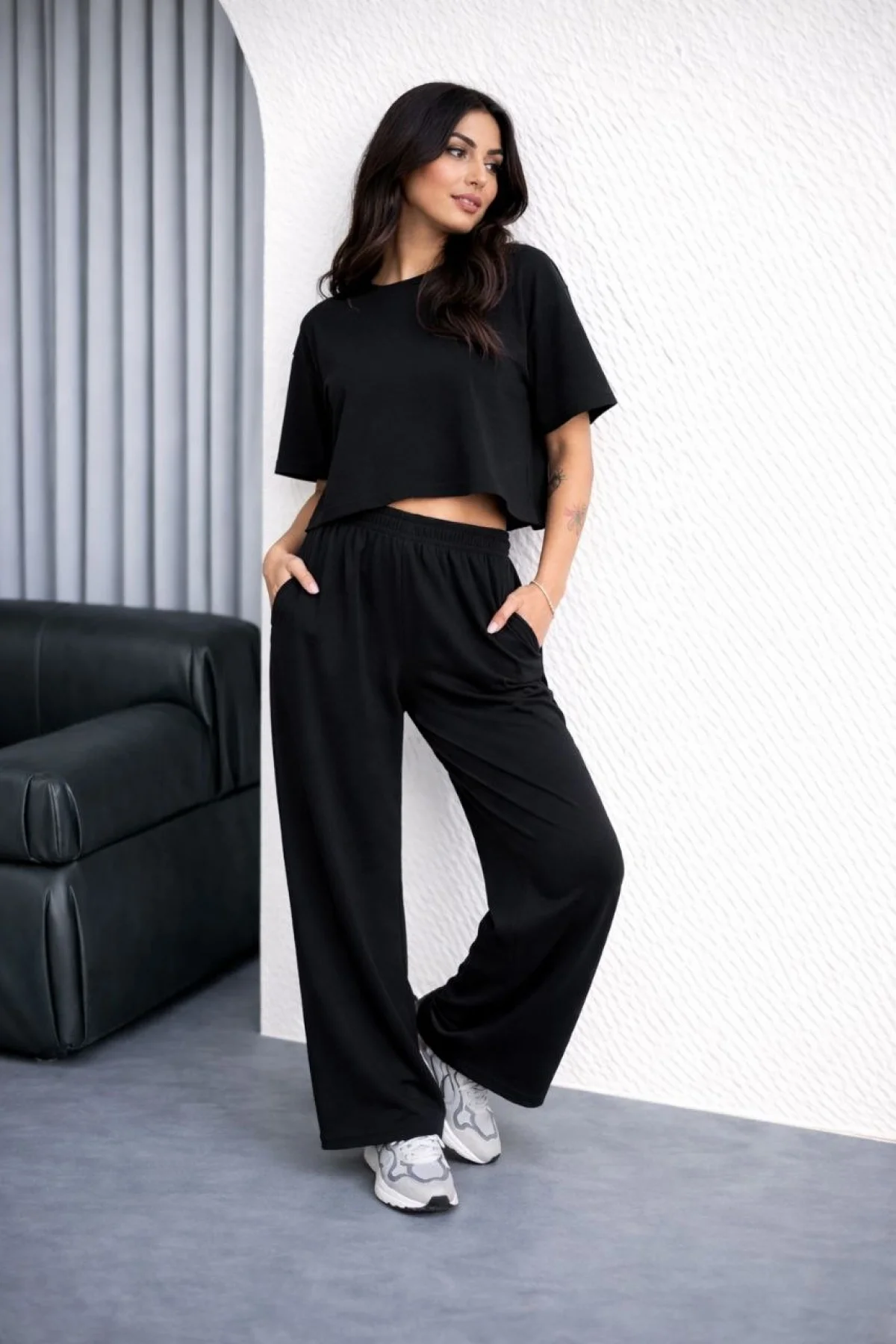 Kadın Osy Modal yumuşak dokulu Oversize İkili Takım Bol Paça Pantolonlu  Takım - Siyah