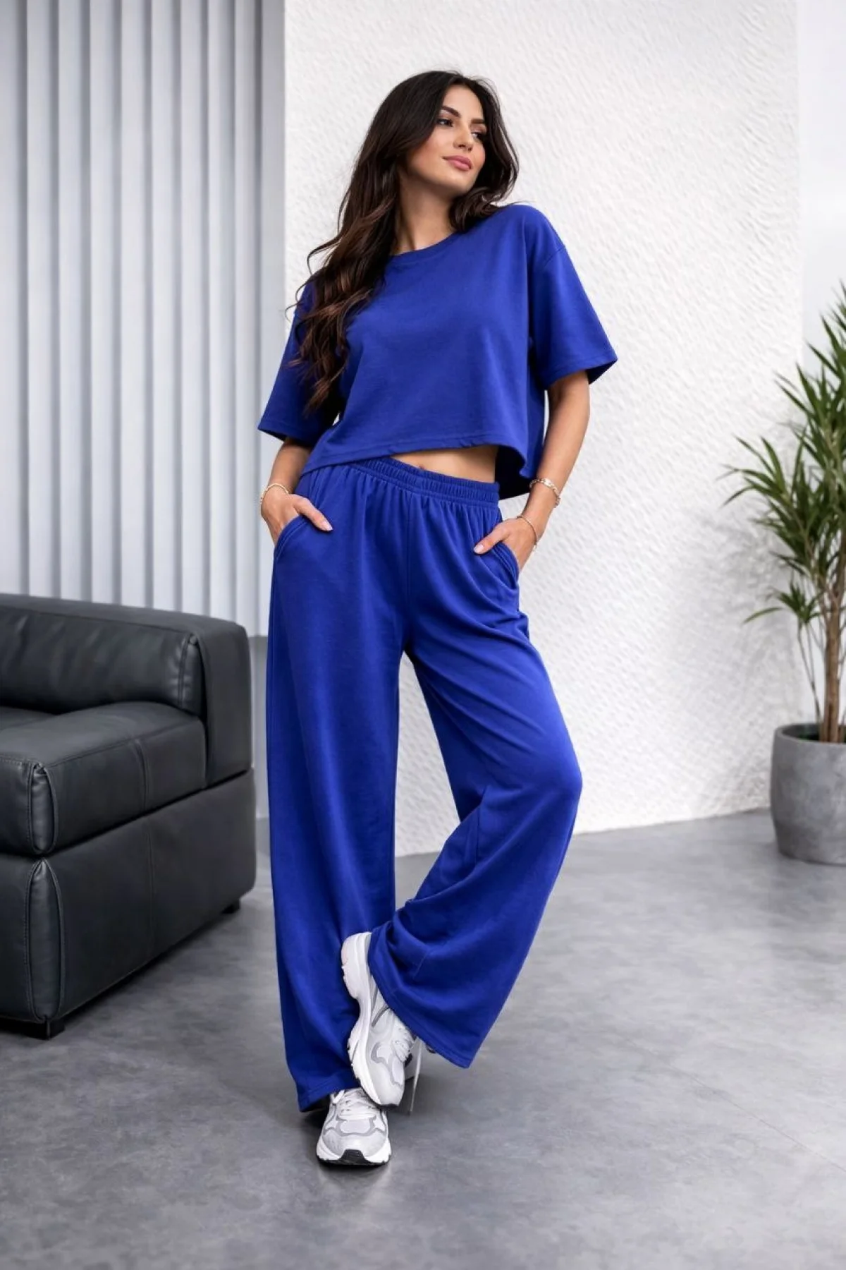 Kadın Osy Modal yumuşak dokulu Oversize İkili Takım Bol Paça Pantolonlu Takım - Saks Mavisi