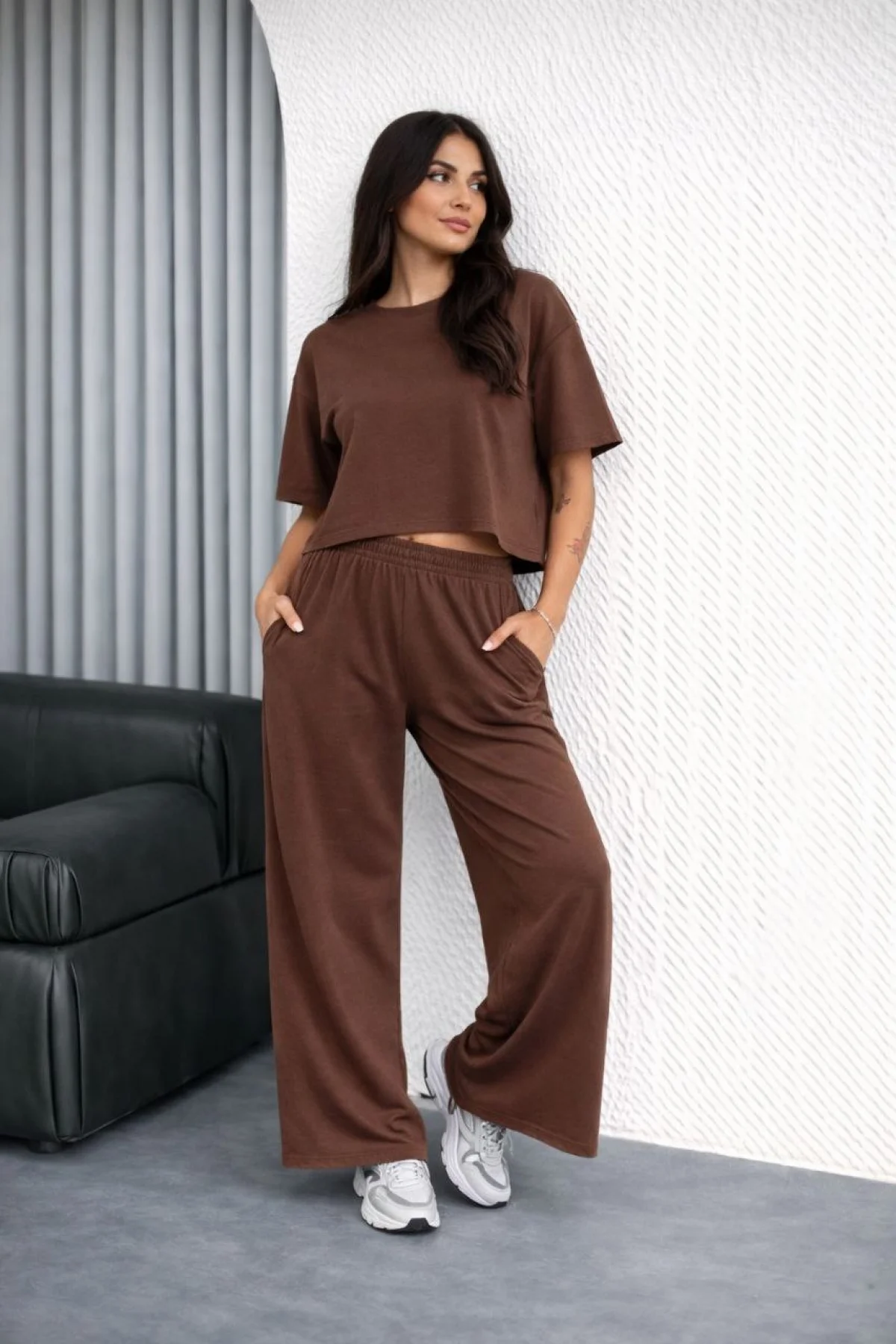 Kadın Osy Modal yumuşak dokulu  Oversize İkili Takım Bol Paça Pantolonlu  Takım - Kahverengi