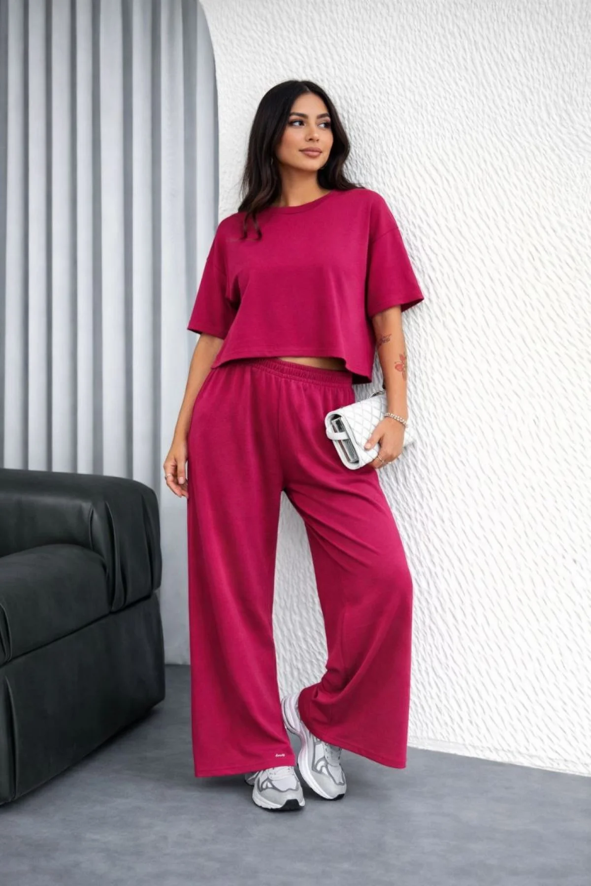 Kadın Osy Modal yumuşak dokulu Oversize İkili Takım Bol Paça Pantolonlu Takım - Fuşya