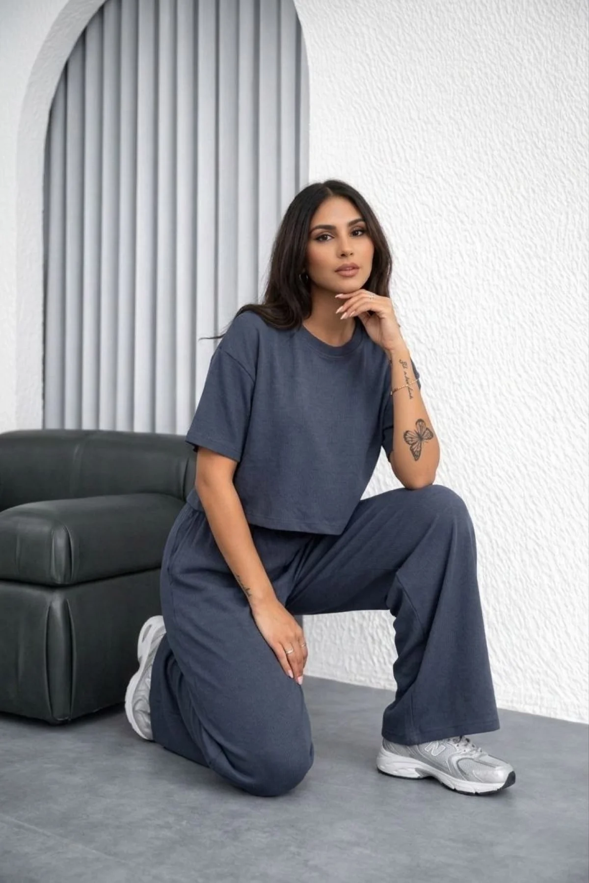 Kadın Osy Modal yumuşak dokulu Oversize İkili Takım Bol Paça Pantolonlu Takım - Füme