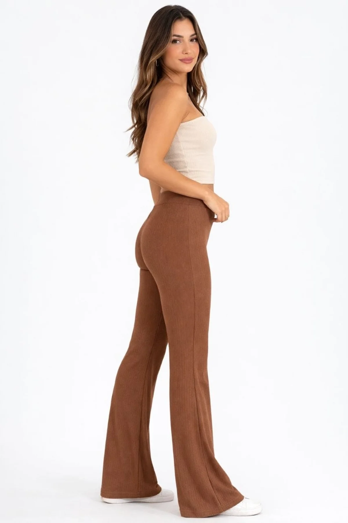 Kadın Fitilli Kaşkorse İspanyol Paça Tayt Yüksek Bel Esnek Günlük Rahat Pantolon - Kahverengi