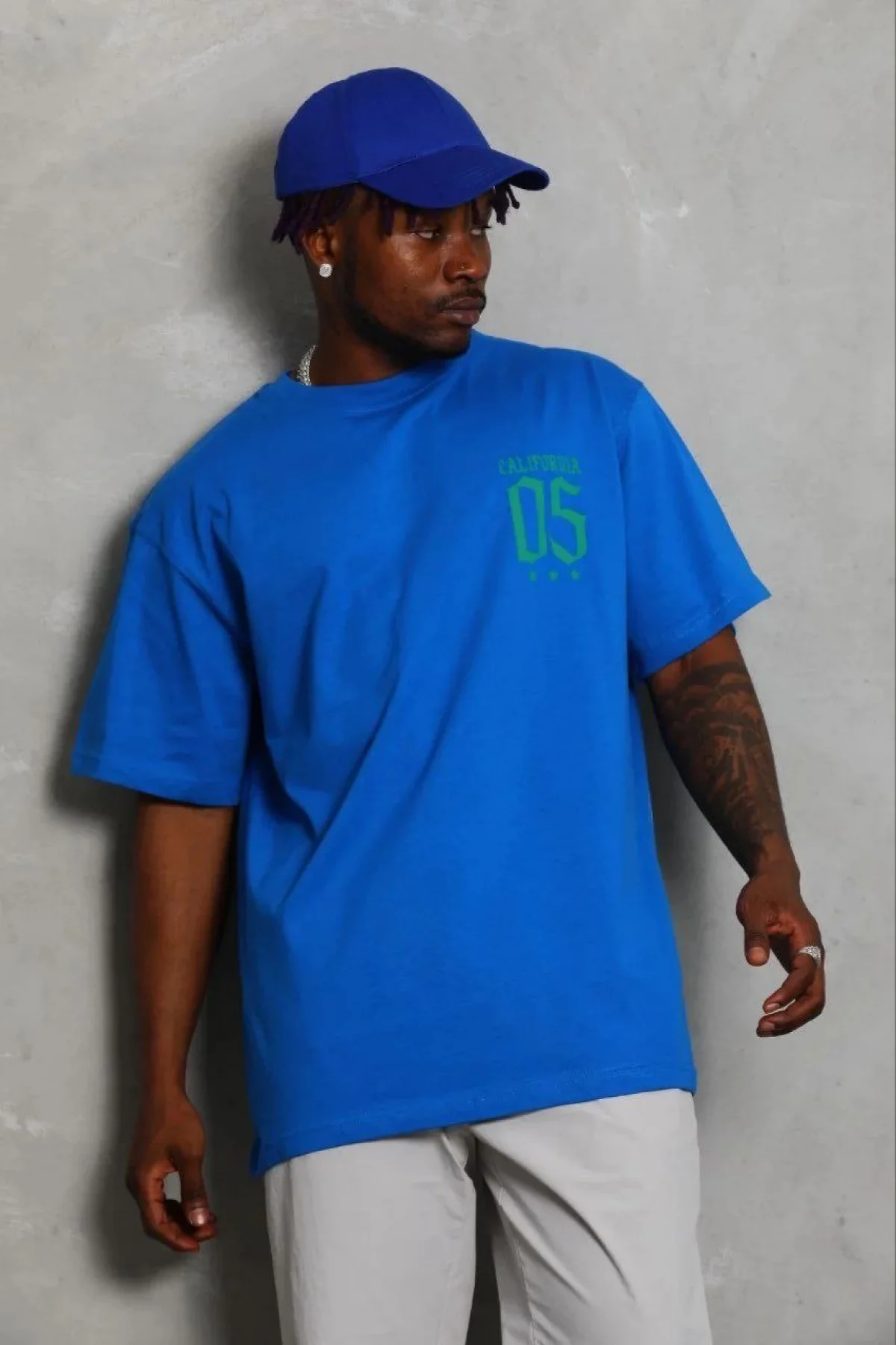 Erkek Baskılı T-Shirt Kısa Kol Bisiklet Yaka Regular Fit Rahat Kalıp Günlük Tişört - Saks Mavisi