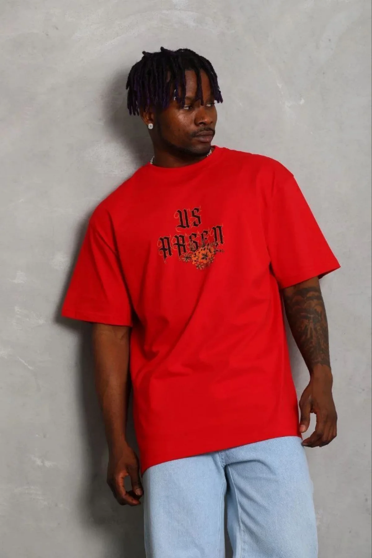 Erkek Baskılı T-Shirt Kısa Kol Bisiklet Yaka Regular Fit Rahat Kalıp Günlük Tişört - Kırmızı