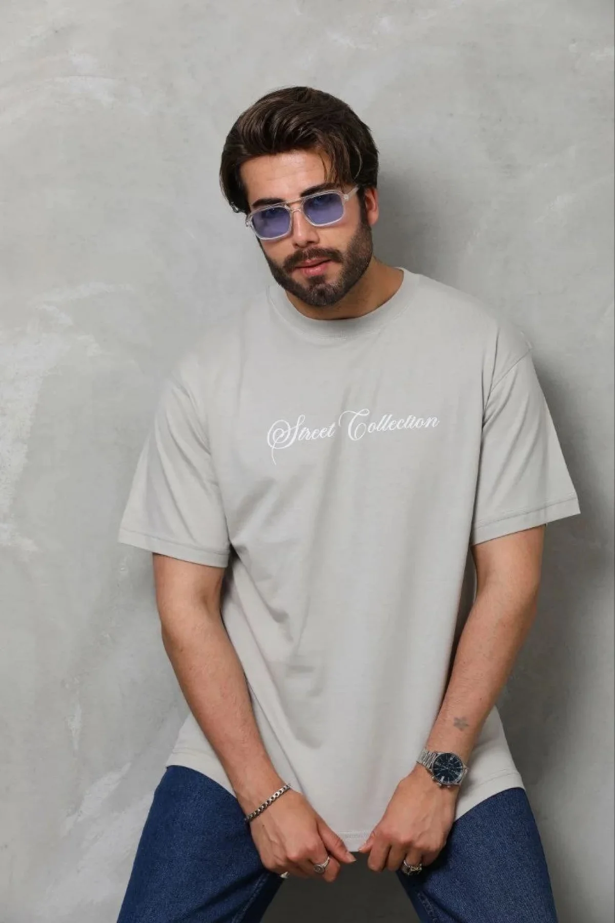 Erkek Baskılı T-Shirt Kısa Kol Bisiklet Yaka Regular Fit Rahat Kalıp Günlük Tişört - Gri