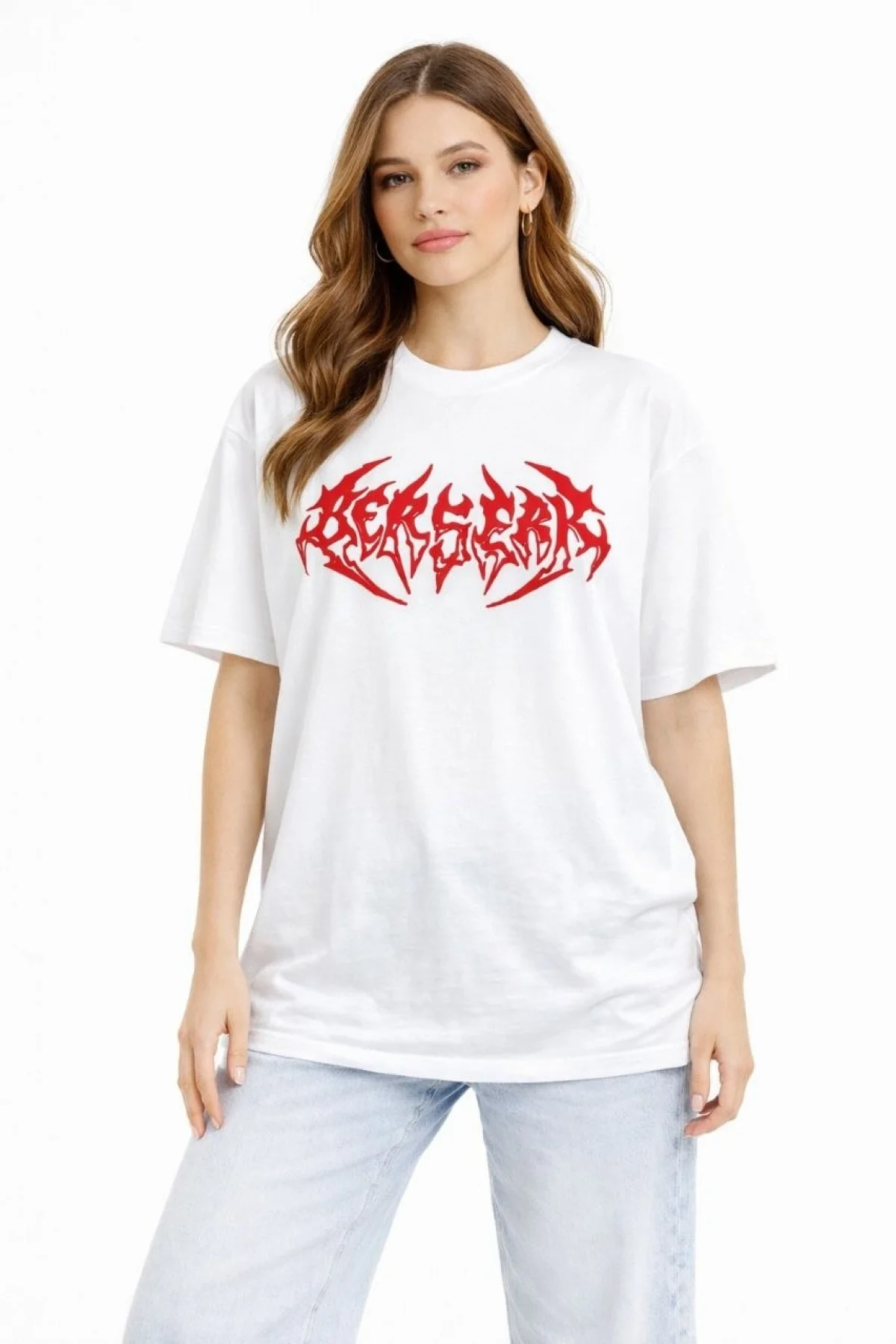 Kadın Kısa Kol Yazlık Tişört Bisiklet Yaka Baskılı Oversize T-Shirt - Beyaz