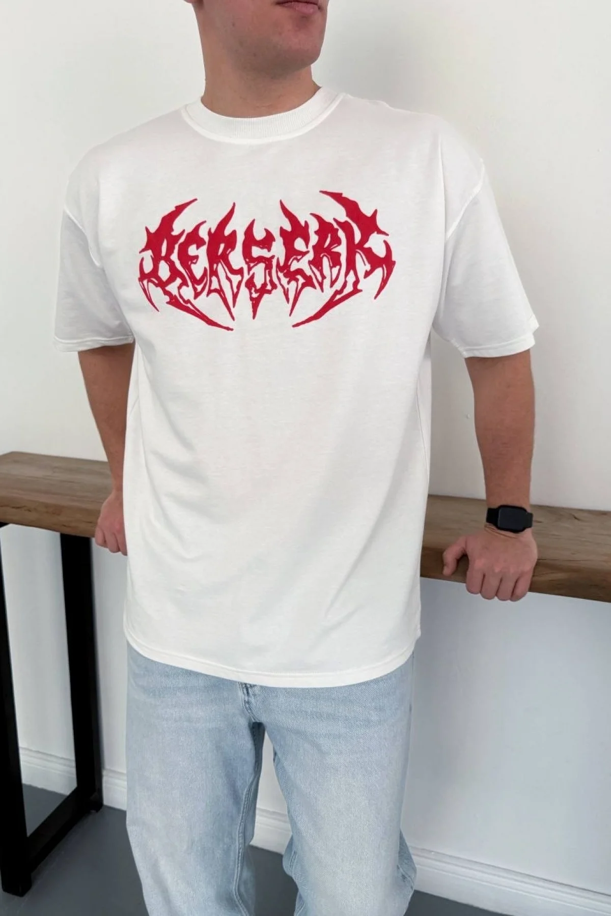 Erkek Kısa Kol Yazlık Tişört Bisiklet Yaka Baskılı Oversize T-Shirt - Beyaz