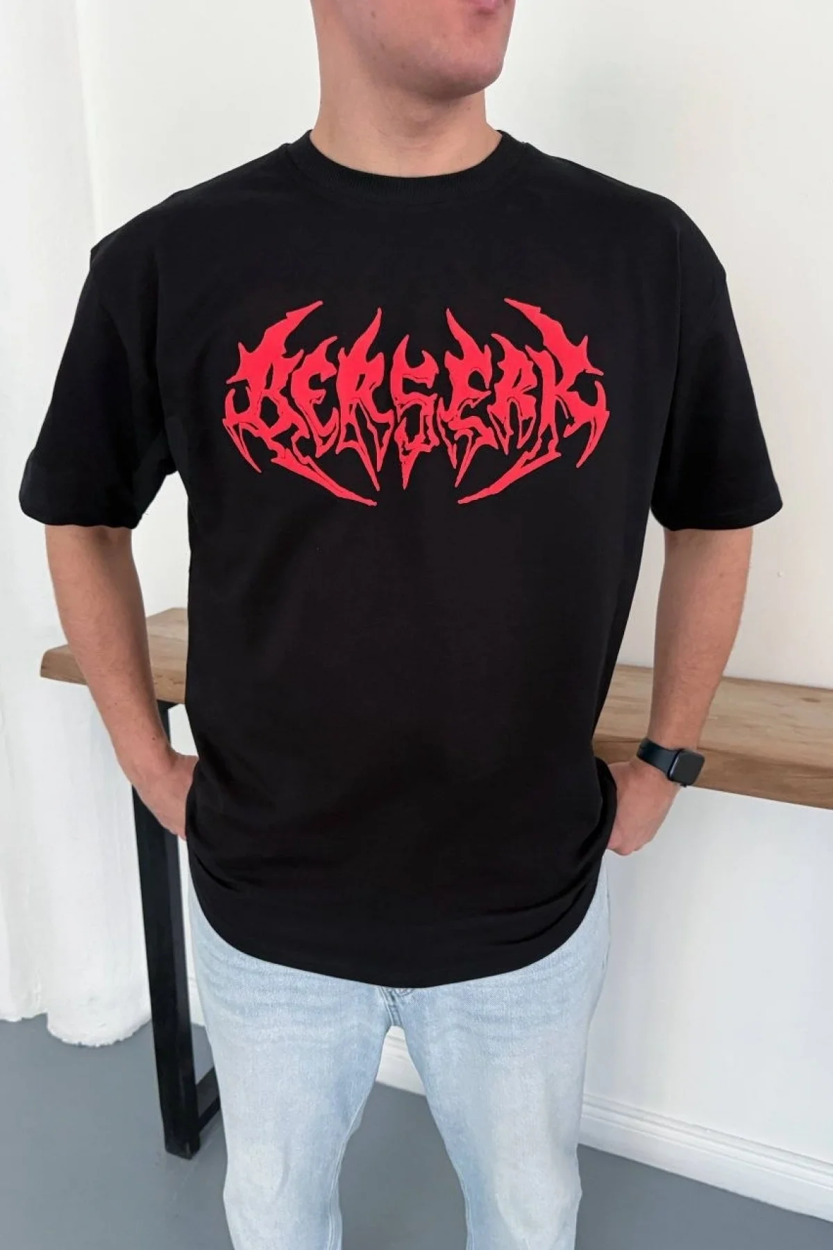 Erkek Kısa Kol Yazlık Tişört Bisiklet Yaka Baskılı Oversize T-Shirt - Siyah