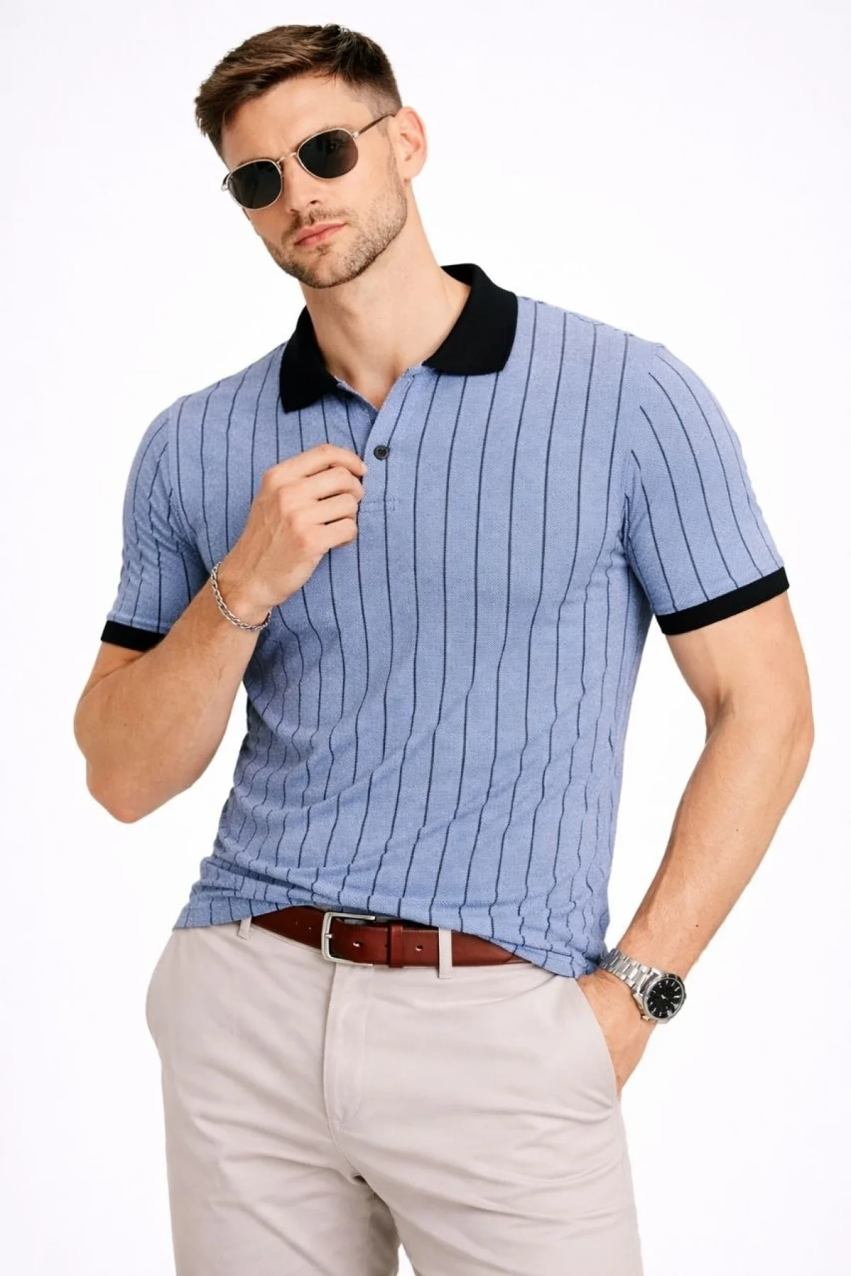 Erkek Polo Yaka Çizgili Tişört Kısa Kol Düğmeli Yazlık T-Shirt - Bebek Mavisi