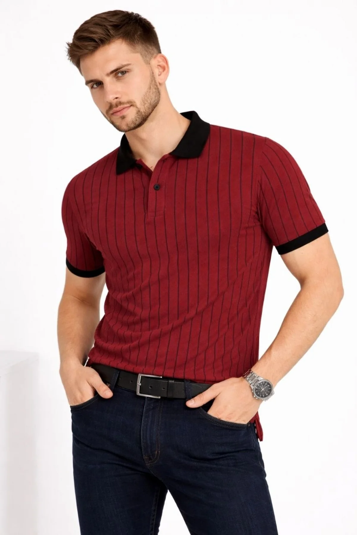Erkek Polo Yaka Çizgili Tişört Kısa Kol Düğmeli Yazlık T-Shirt - Bordo