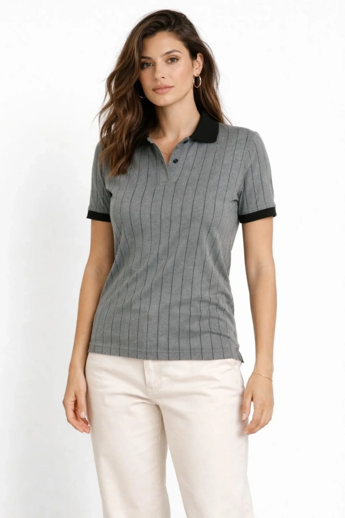 Kadın Polo Yaka Çizgili Tişört Kısa Kol Düğmeli Yazlık T-Shirt - Gri
