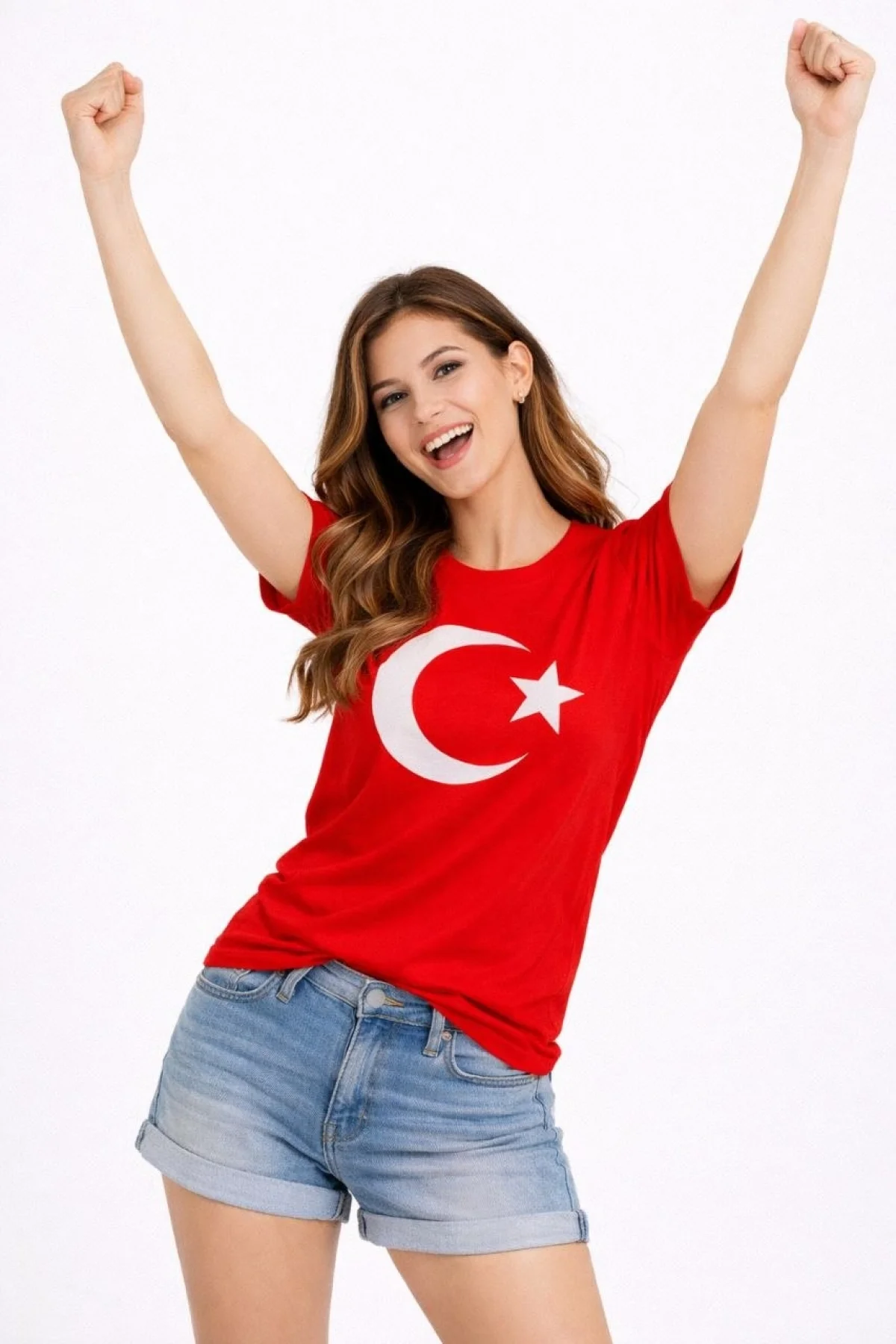 Kadın T-Shirt Kısa Kol Bisiklet Yaka Ay Yıldız Bayrak Baskılı Tişört - Kırmızı