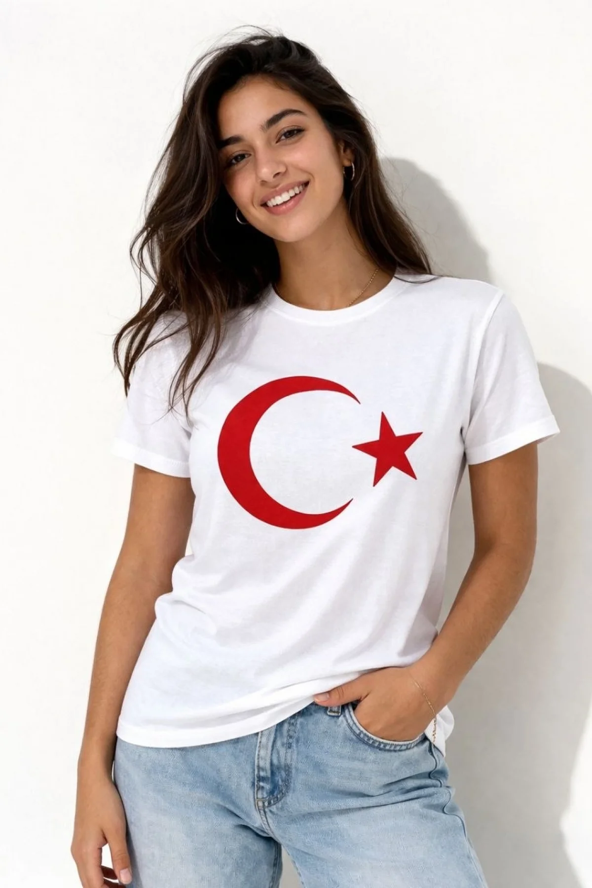 Kadın T-Shirt Kısa Kol Bisiklet Yaka Ay Yıldız Bayrak Baskılı Tişört - Beyaz