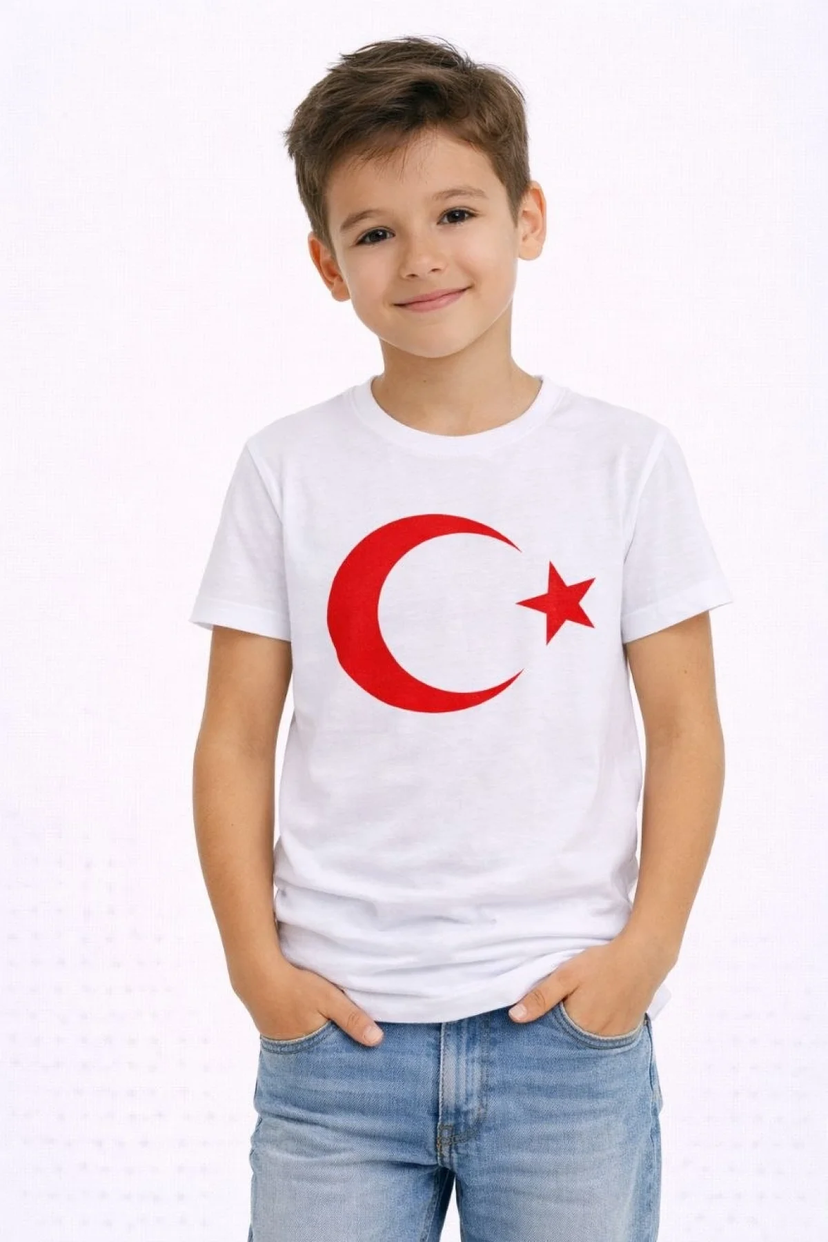 Erkek Çocuk Tişört Bisiklet Yaka Ay Yıldız Bayrak Baskılı T-Shirt - Beyaz