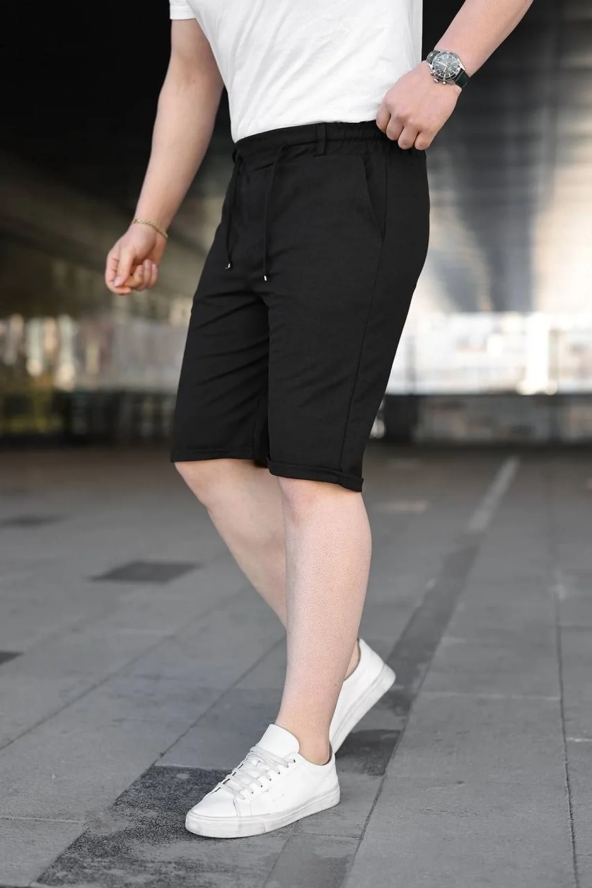 Erkek Diagonel Kumaş Duble Paça Cepli Bağcıklı Bel Lastikli ŞORT - Siyah