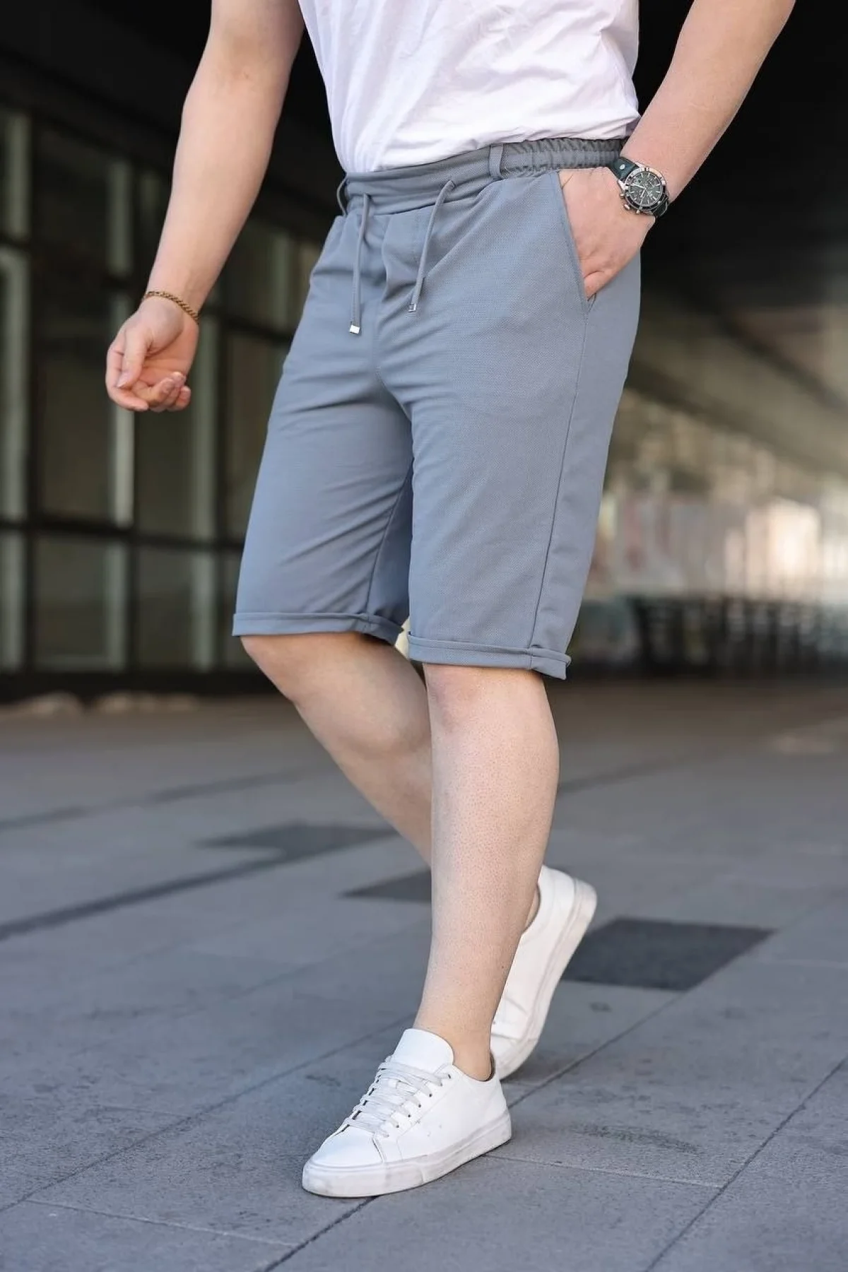 Erkek Diagonel Kumaş Duble Paça Cepli Bağcıklı Bel Lastikli ŞORT - Gri