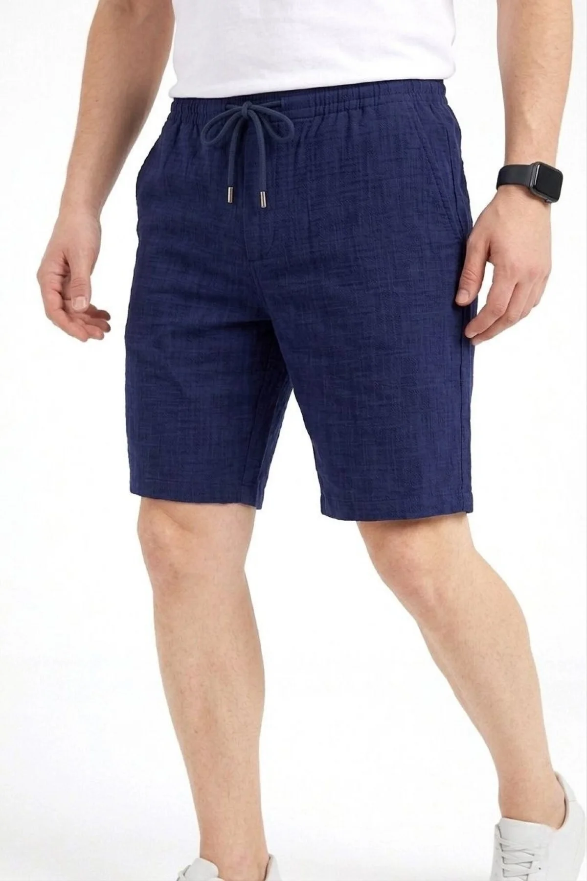 Erkek Keten Kumaş Cepli Rahat Kesim Bel Lastikli Şort - Lacivert