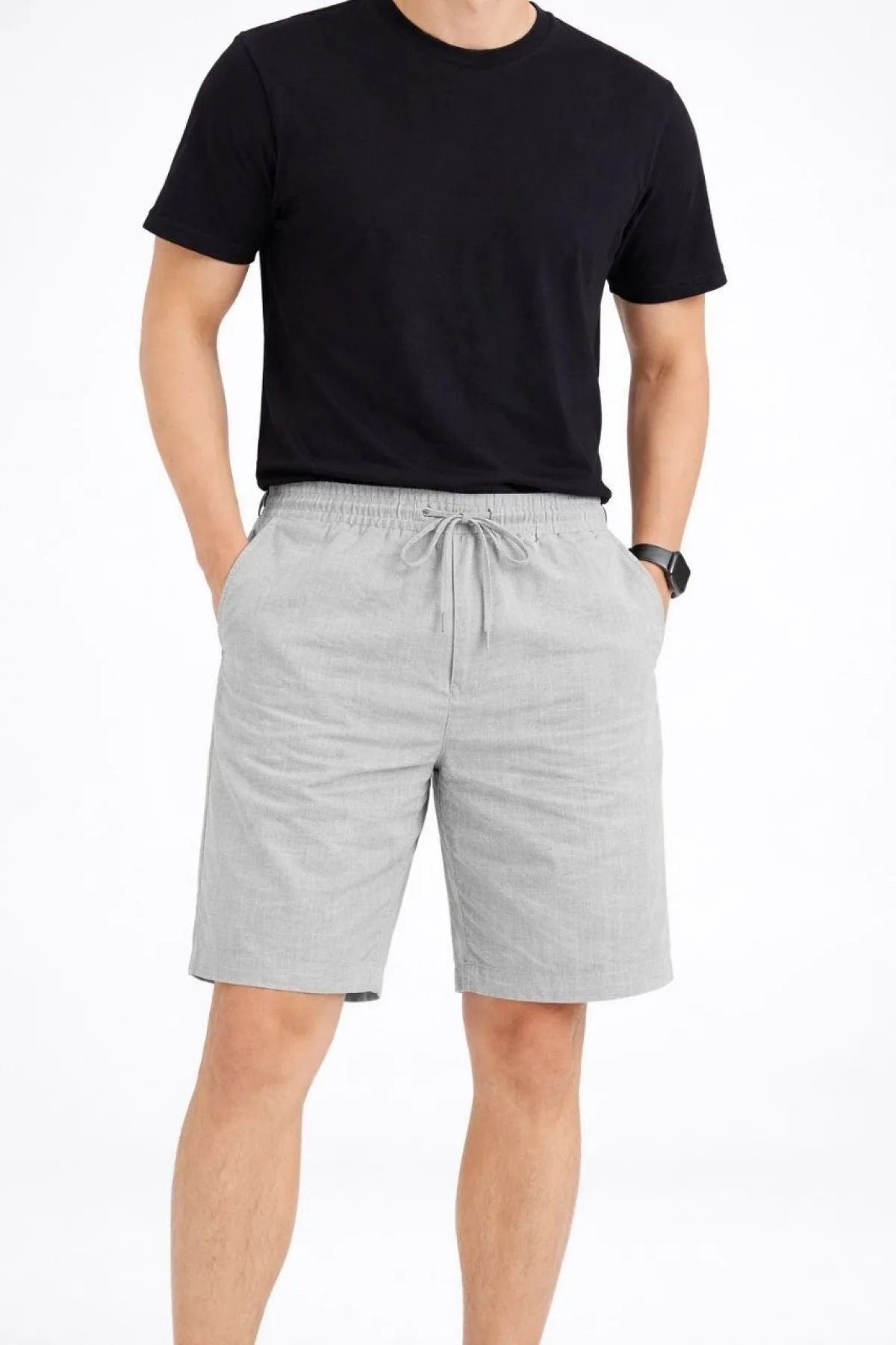 Erkek Keten Kumaş Cepli Rahat Kesim Bel Lastikli Şort - Gri