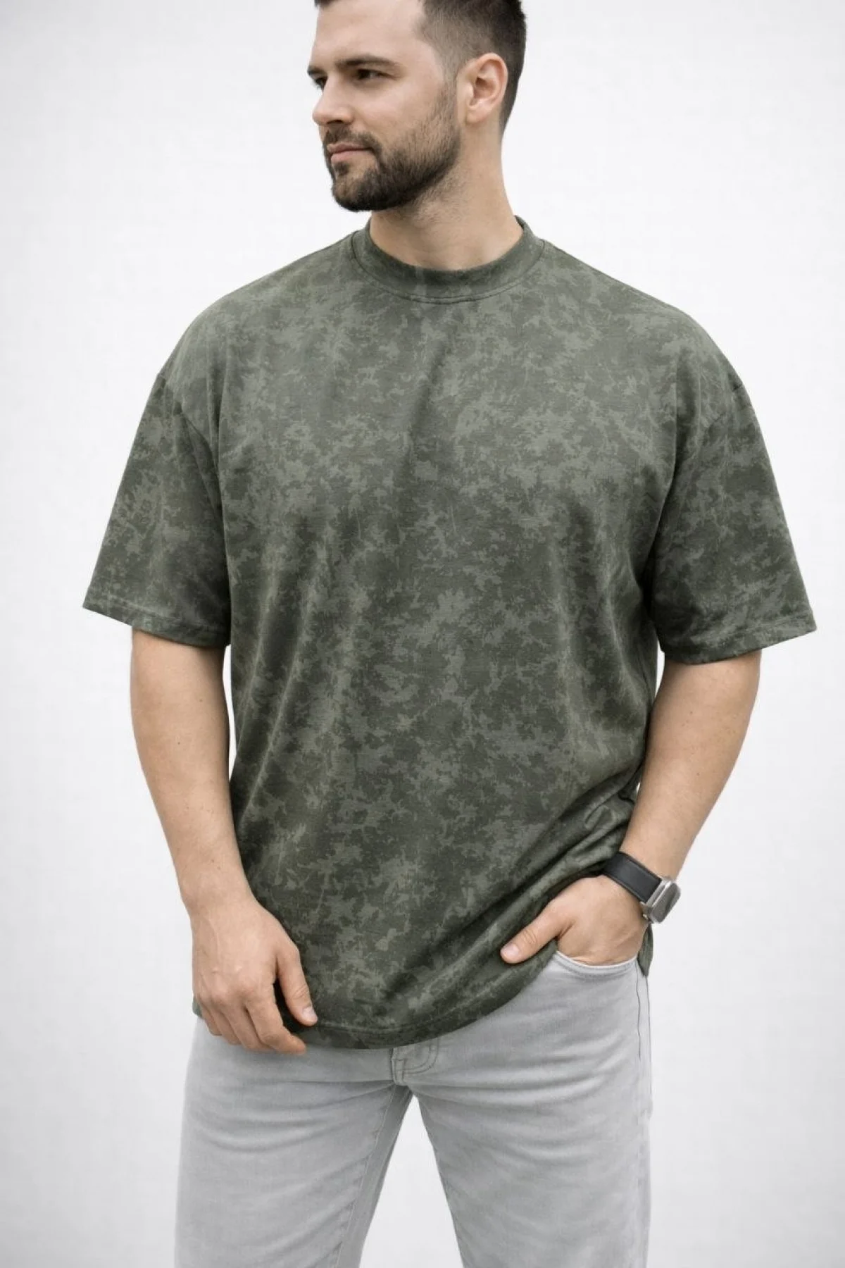 Erkek Premium Tişört OSY Yumuşak Dokulu Yıkamalı Oversize T-Shirt - Haki