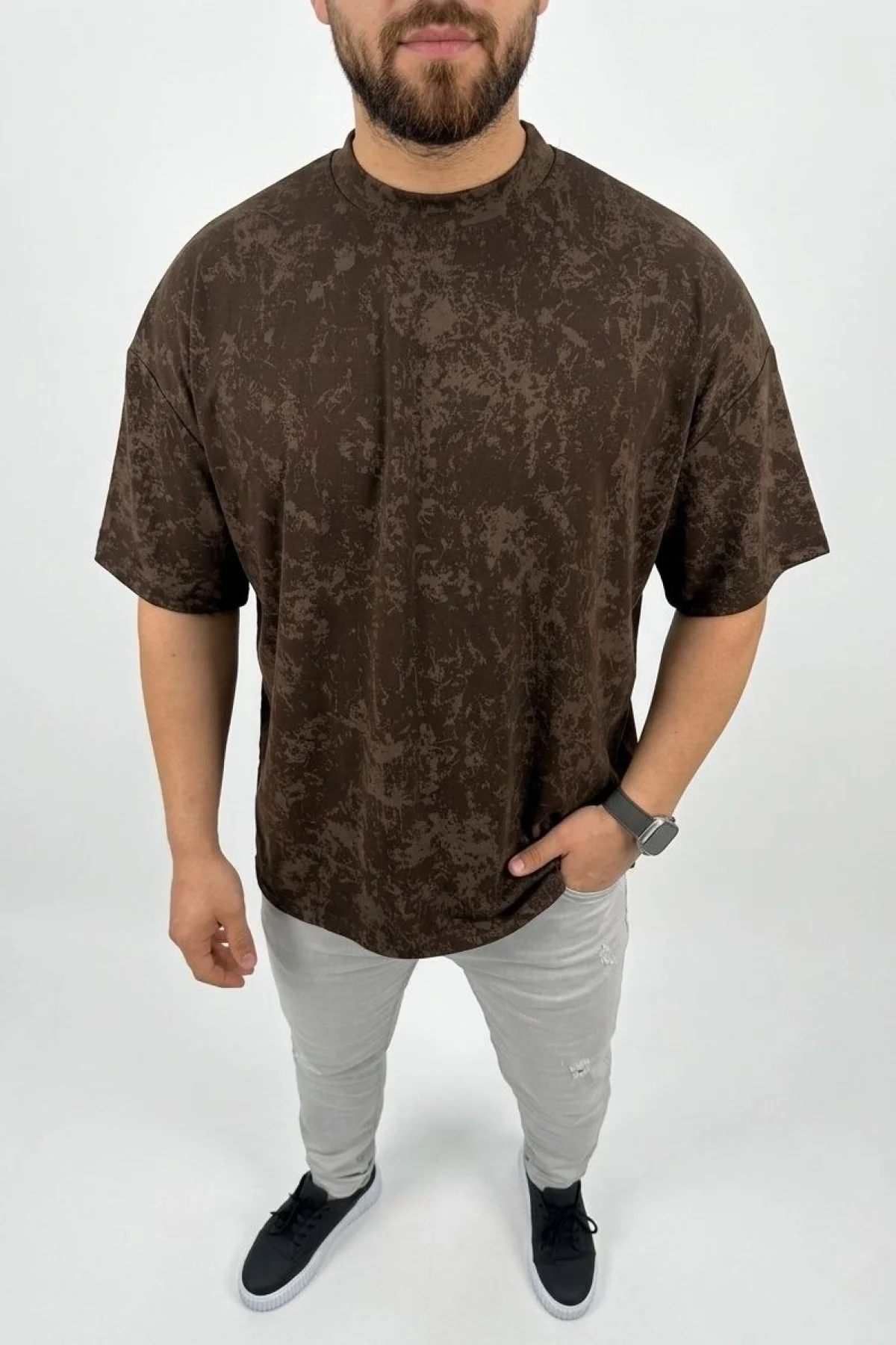 Erkek Premium Tişört OSY Yumuşak Dokulu Yıkamalı Oversize T-Shirt - Kahverengi