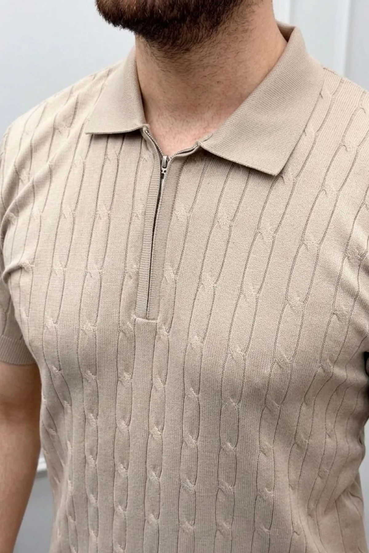 Erkek Yazlık Triko Saç Örgü Tişört Kısa Kol Polo Yaka Fermuarlı T-Shirt - Bej