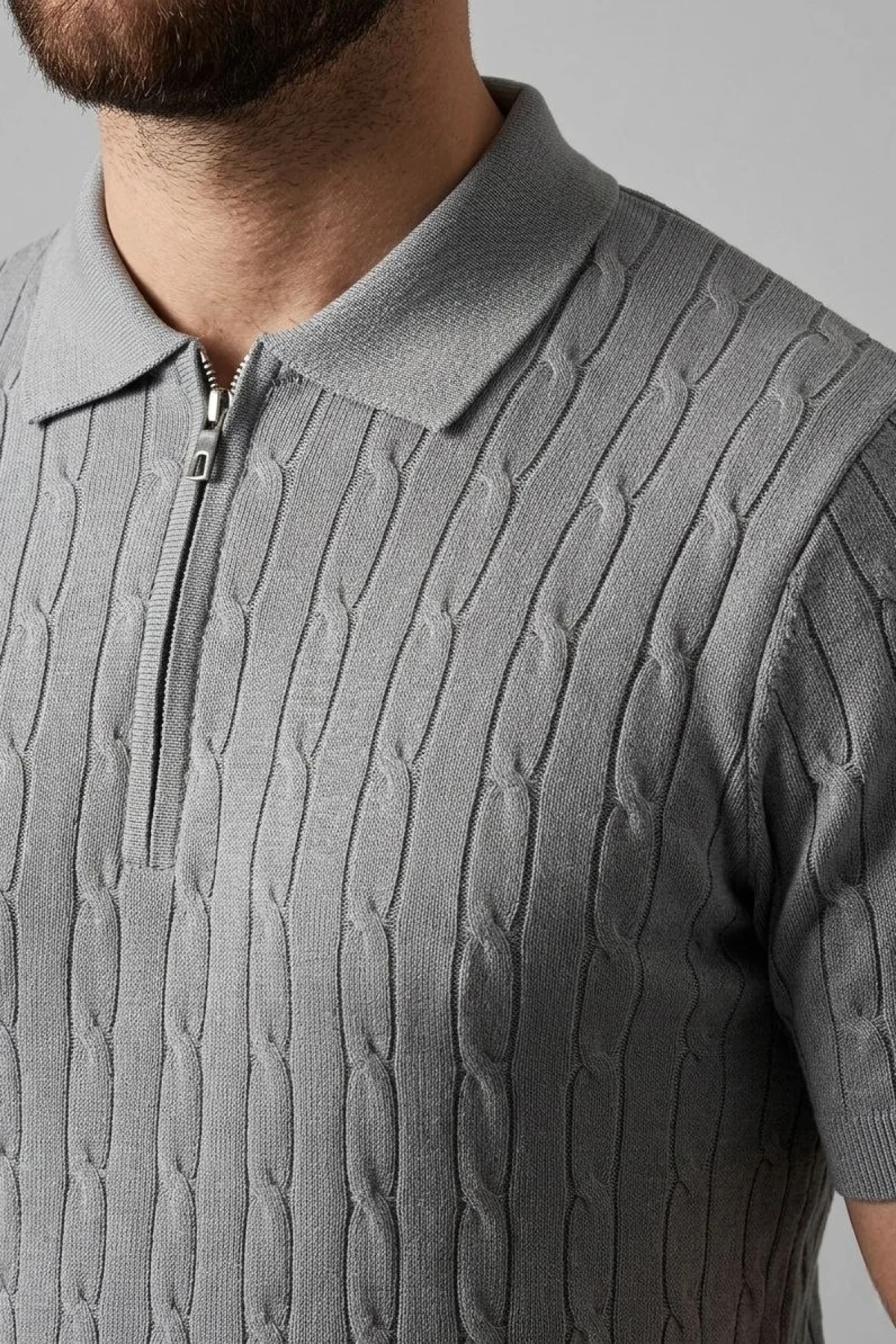 Erkek Yazlık Triko Saç Örgü Tişört Kısa Kol Polo Yaka Fermuarlı T-Shirt - Gri