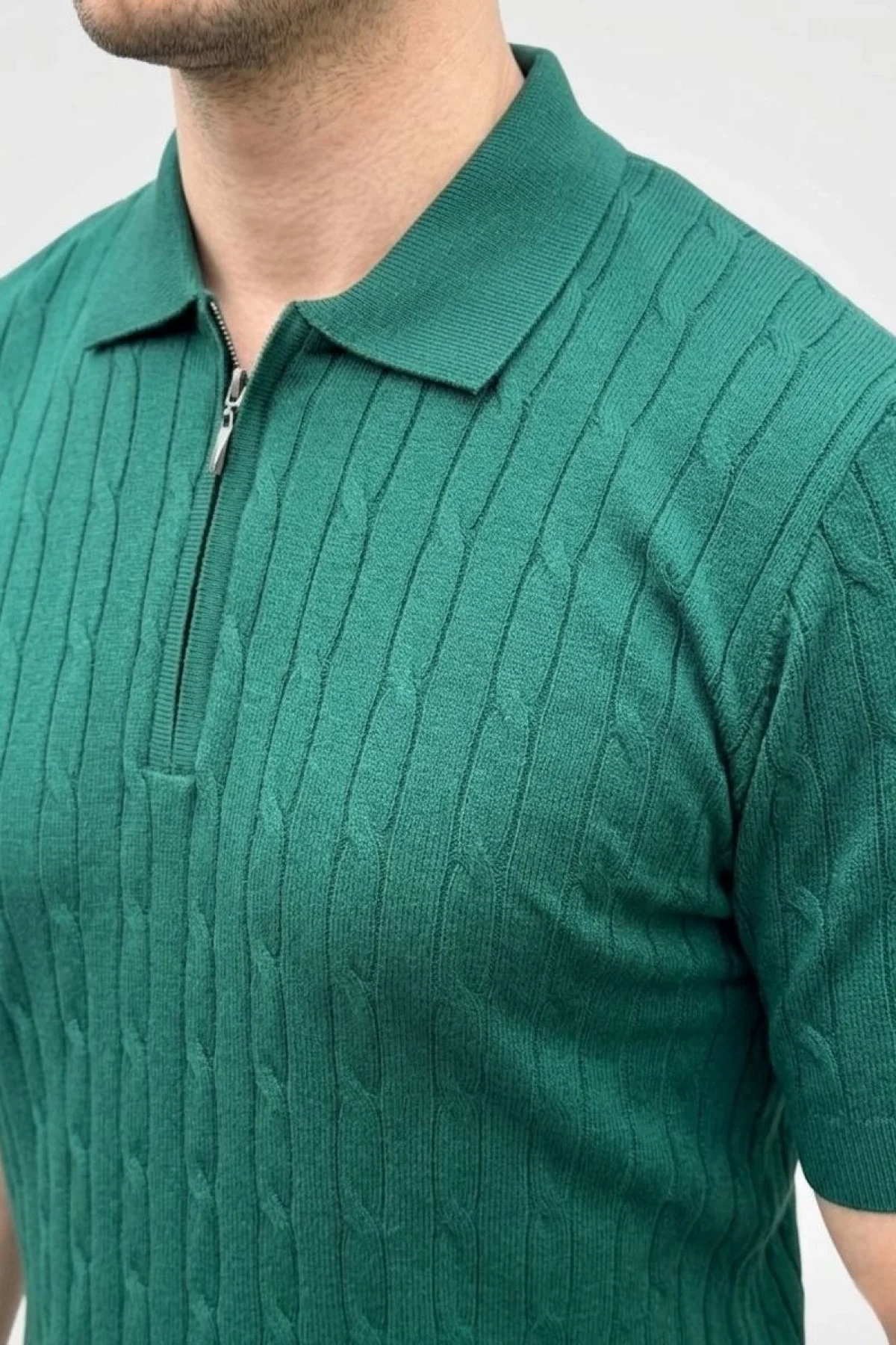 Erkek Yazlık Triko Saç Örgü Tişört Kısa Kol Polo Yaka Fermuarlı T-Shirt - Haki