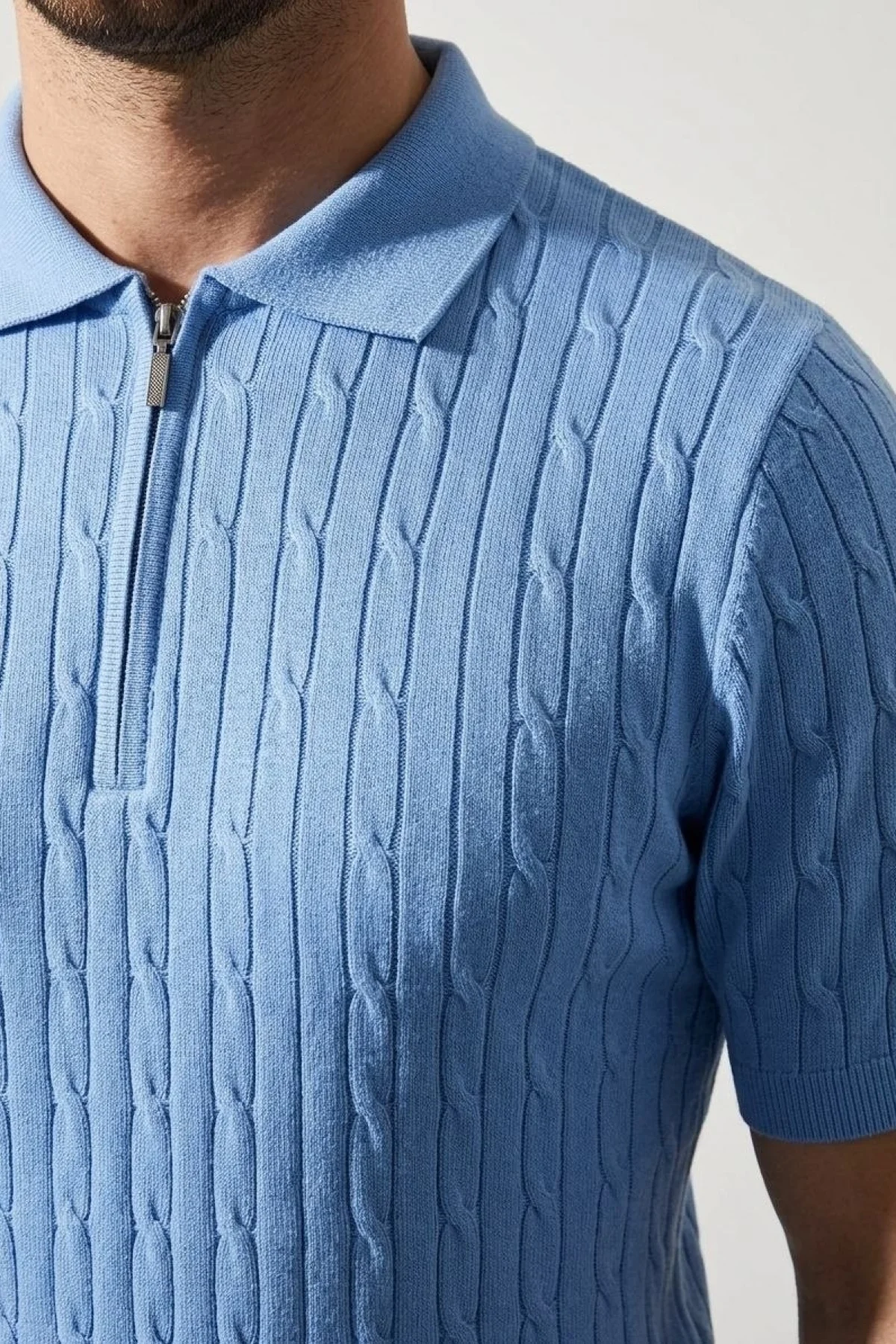 Erkek Yazlık Triko Saç Örgü Tişört Kısa Kol Polo Yaka Fermuarlı T-Shirt - Bebe Mavisi
