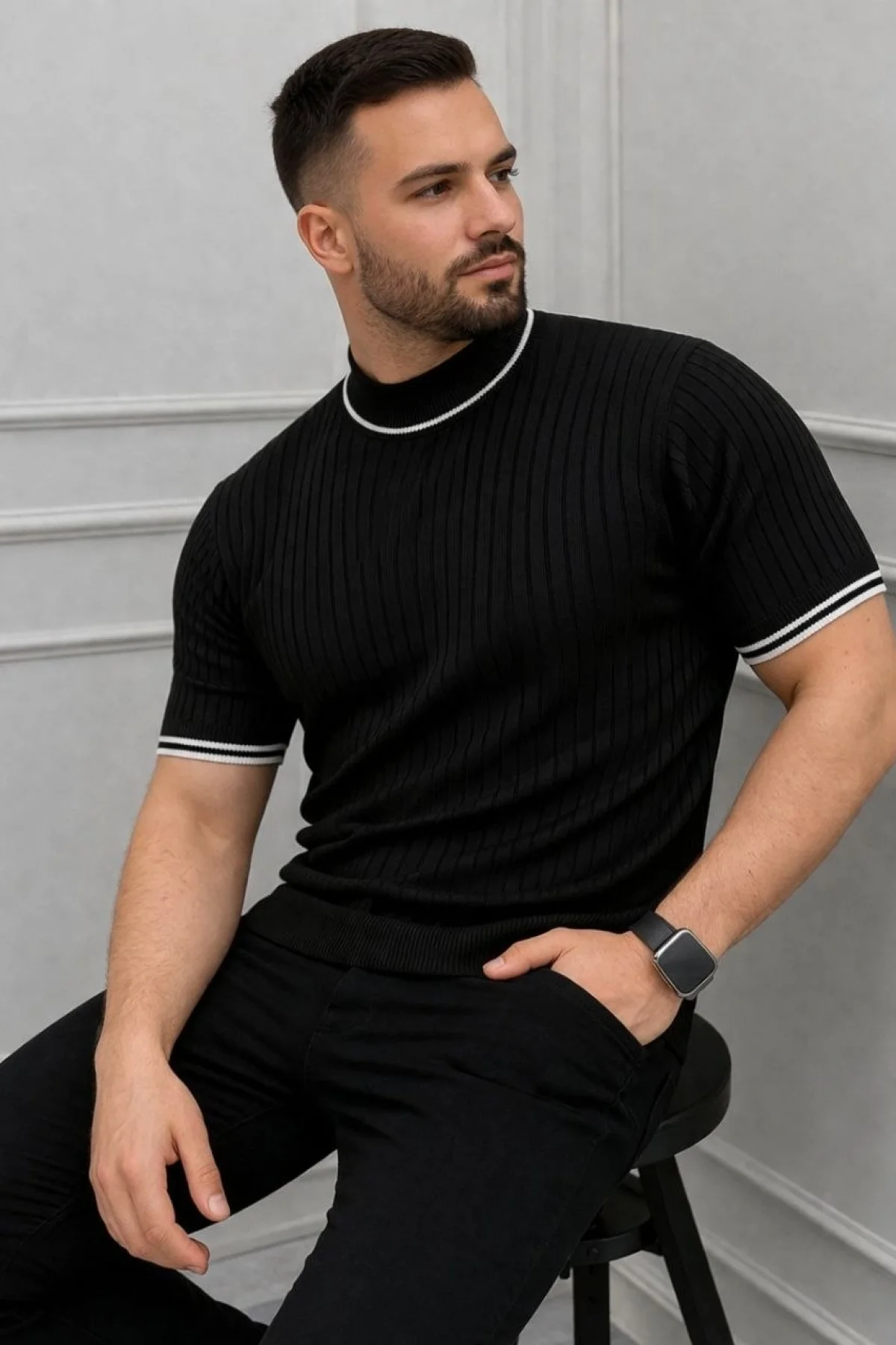 Erkek Fitilli Triko Dokuma Kısa Kol Tişört Yarım Boğaz Modern Yazlık T-Shirt - Siyah