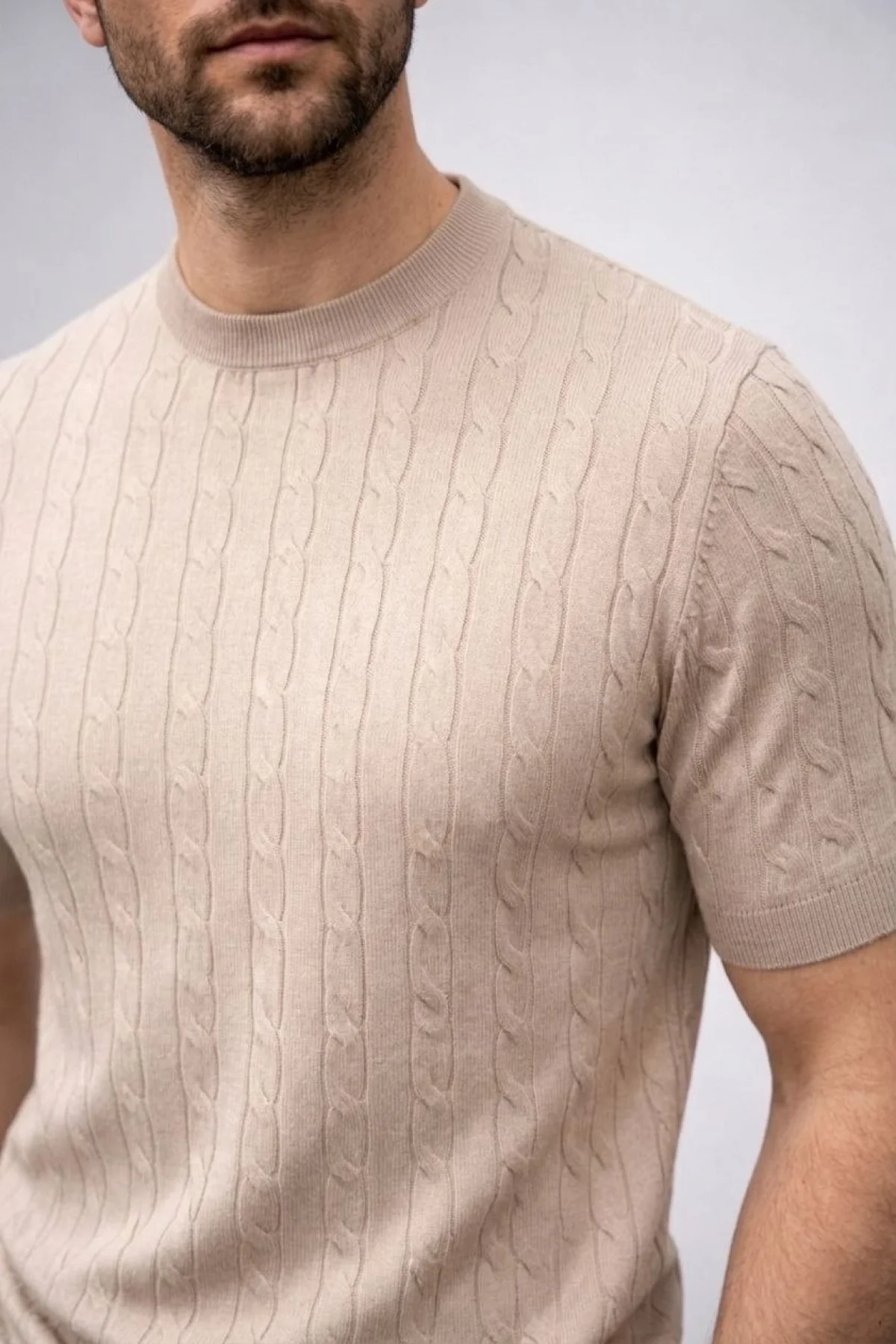 Erkek Yazlık Triko Dokuma Tişört Kısa Kol Bisiklet Yaka Örgü Desenli T-Shirt - Bej